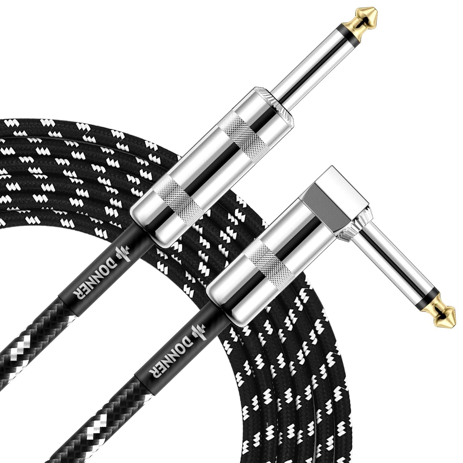 Donner Guitar Cable 10 ft, Premium Electric Instrument Bass Cable AMP Cord 1/4 Right Angle to Straight Black White