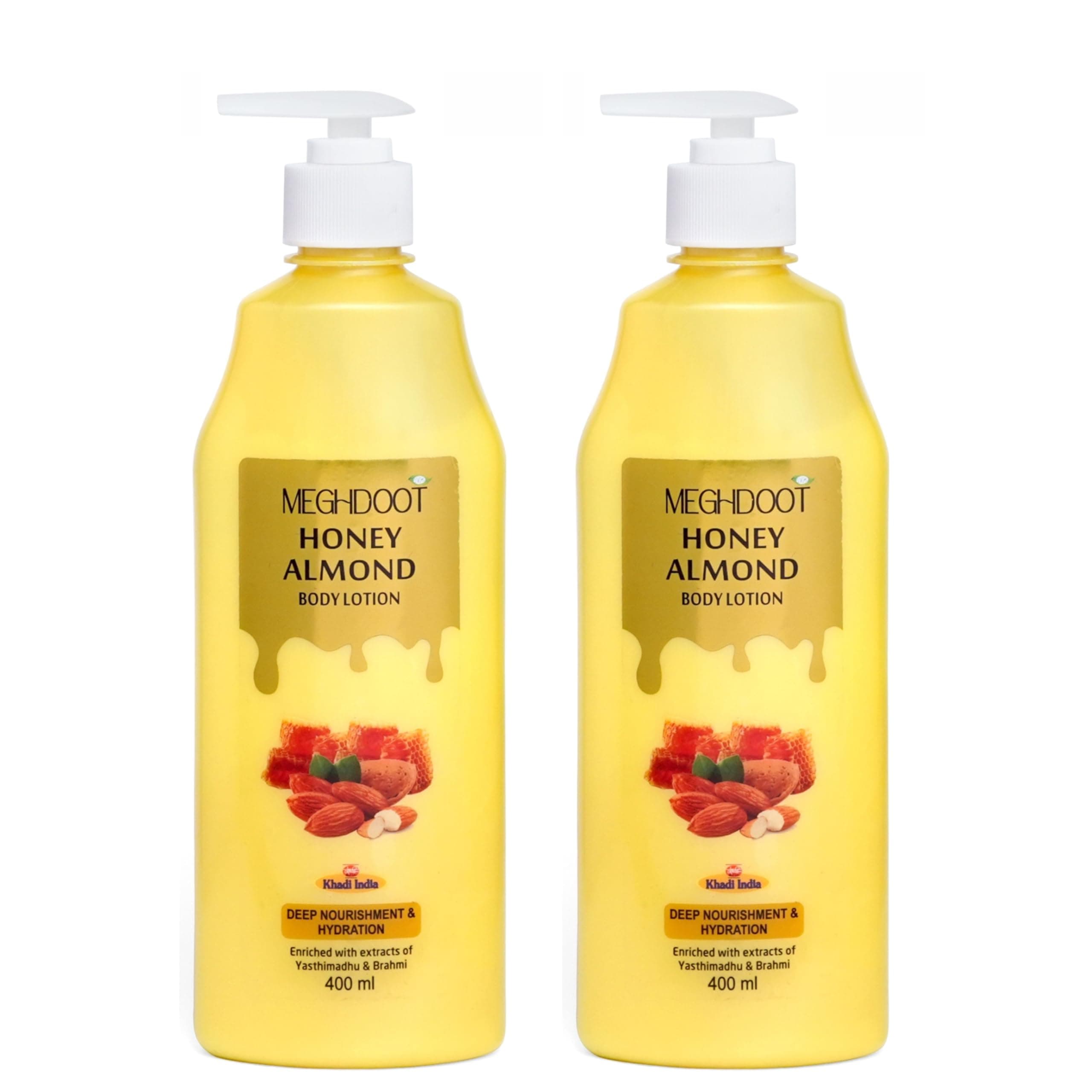 Meghdoot Natural Honey Almond Intense Hydrating Body Lotion, Enriched With Extracts of Brahmi and Aloe vera for Pigmentation and Dry Skin, Soft and Glowing Skin, 400ml (Pack of 2)