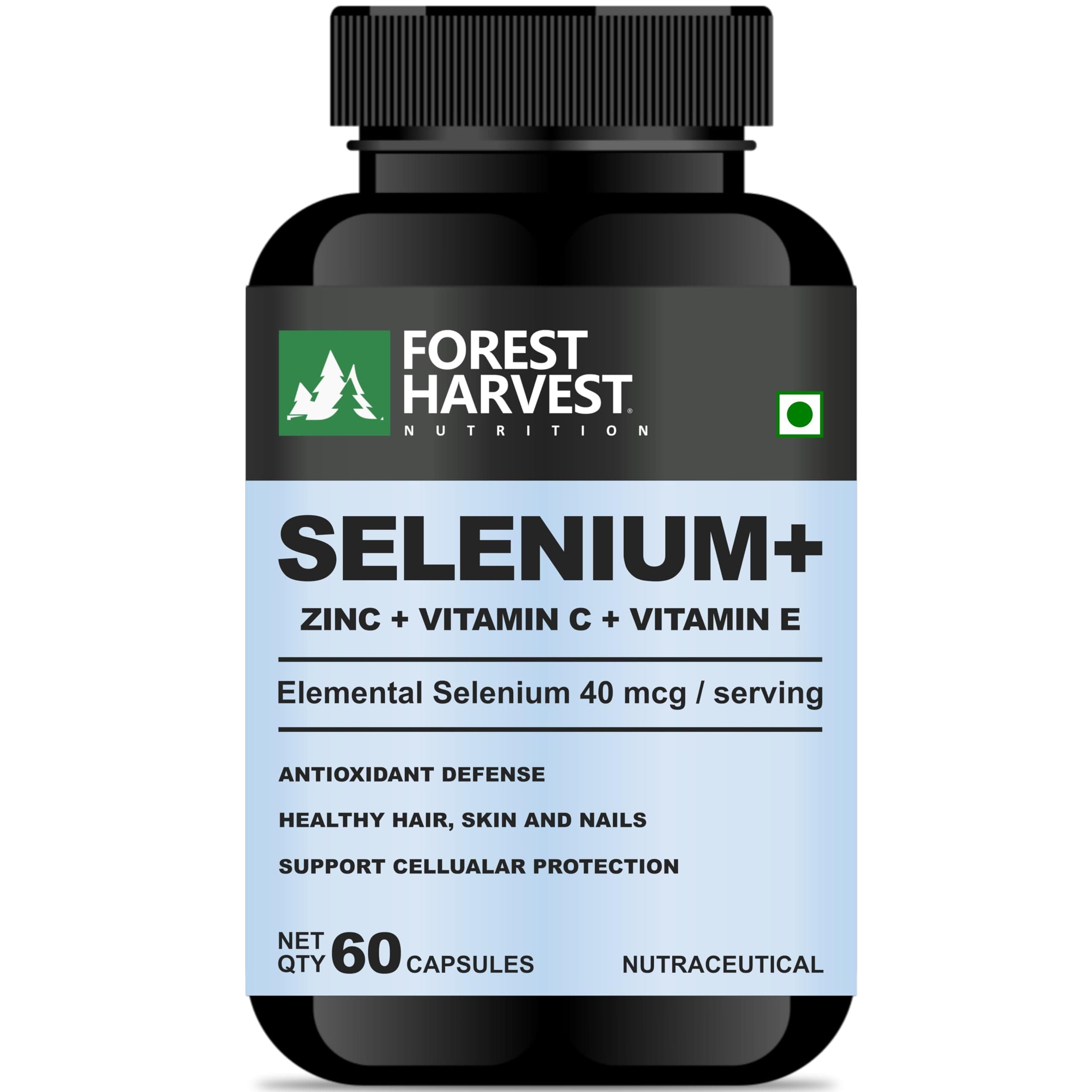 Forest Harvest Selenium with Zinc, Vitamin C & Vitamin E | 40mcg Elemental Selenium | 60 Capsules | Antioxidant, Immunity & Skin Health Support | WHO-GMP, HACCP, ISO Certified