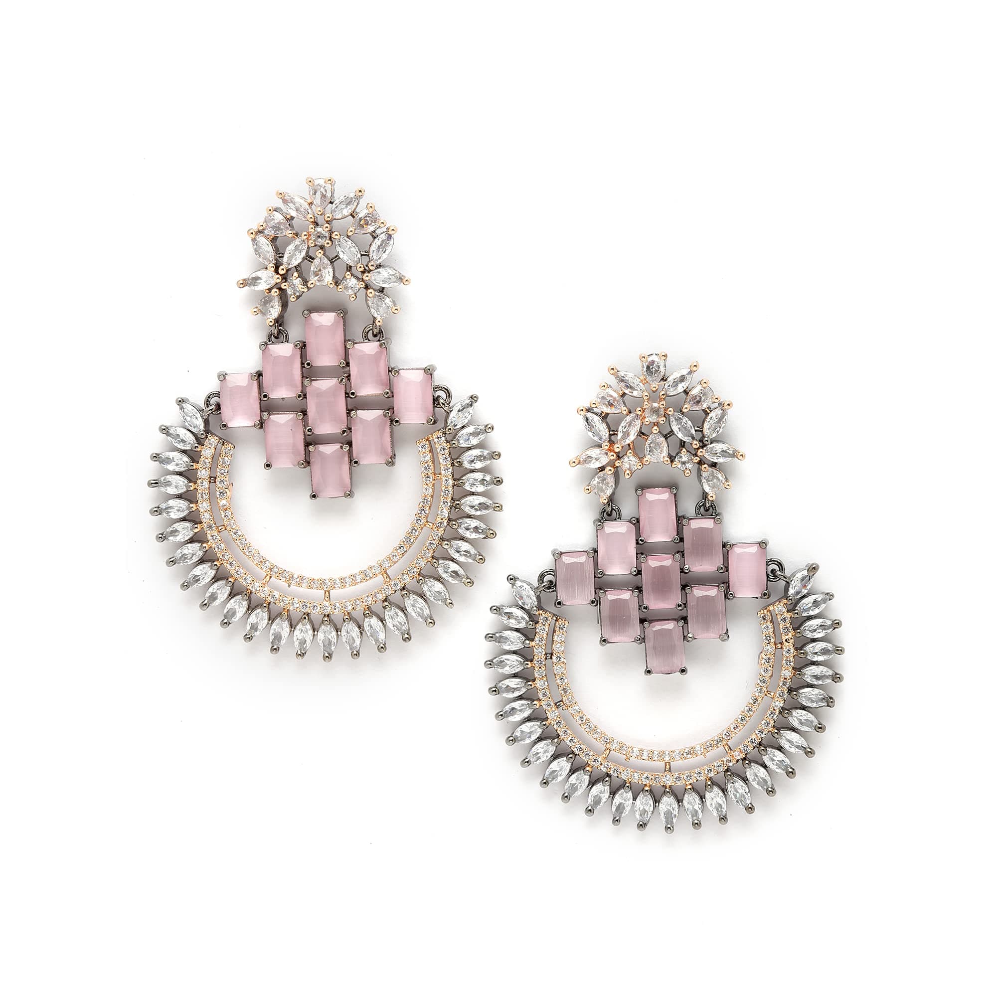 ZENEME Rose Gold -Plated Pink American Diamond Crescent Drop Earrings for Women & Girls Stone Detailing Jewellery