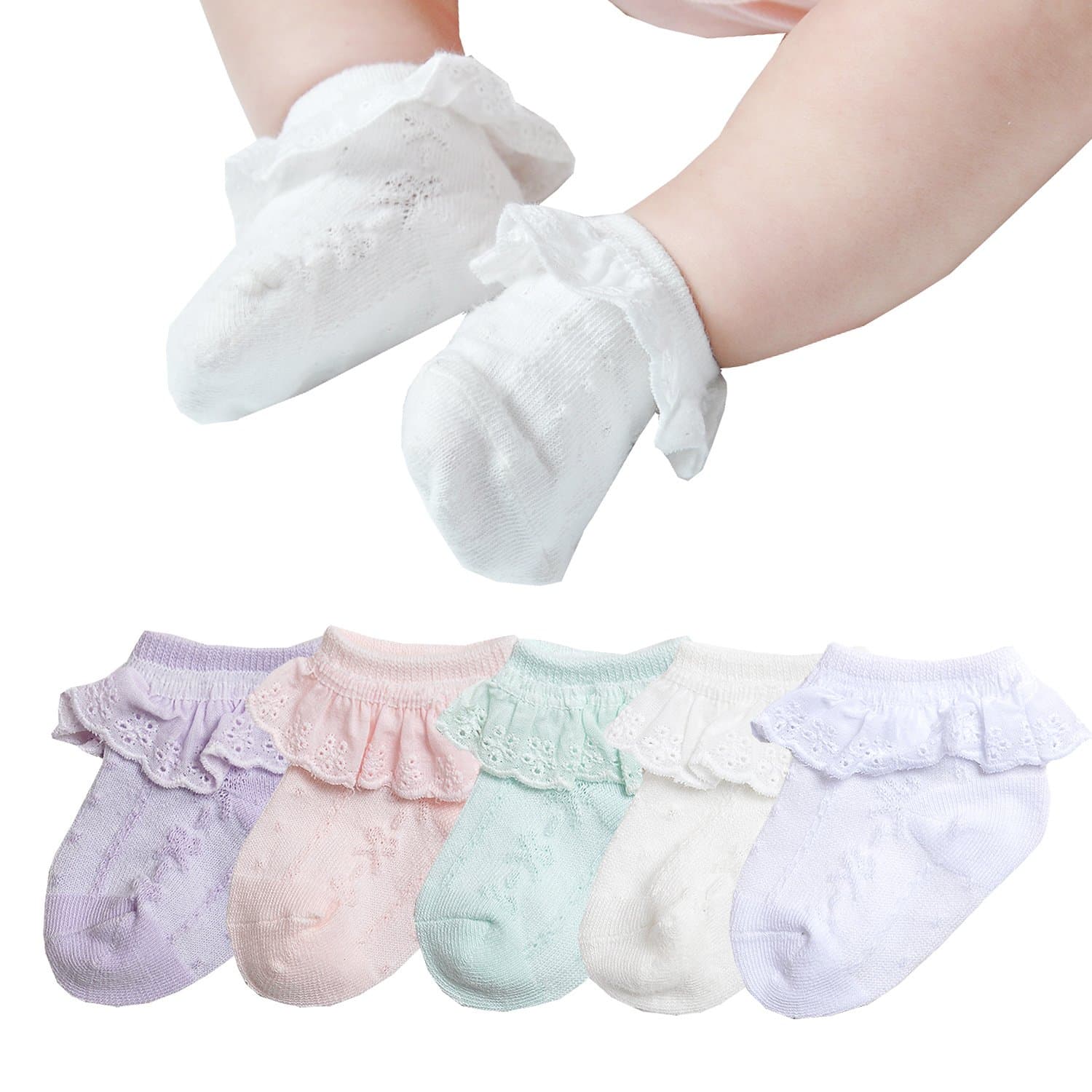 Epeius 5 Pack Baby-Girls Eyelet Frilly Lace Socks Newborn Girls Princess Ankle Socks for 3-6 Months,Bow Pattern,White/Off White/Pink/Purple/Green,Shoe Size 1-3