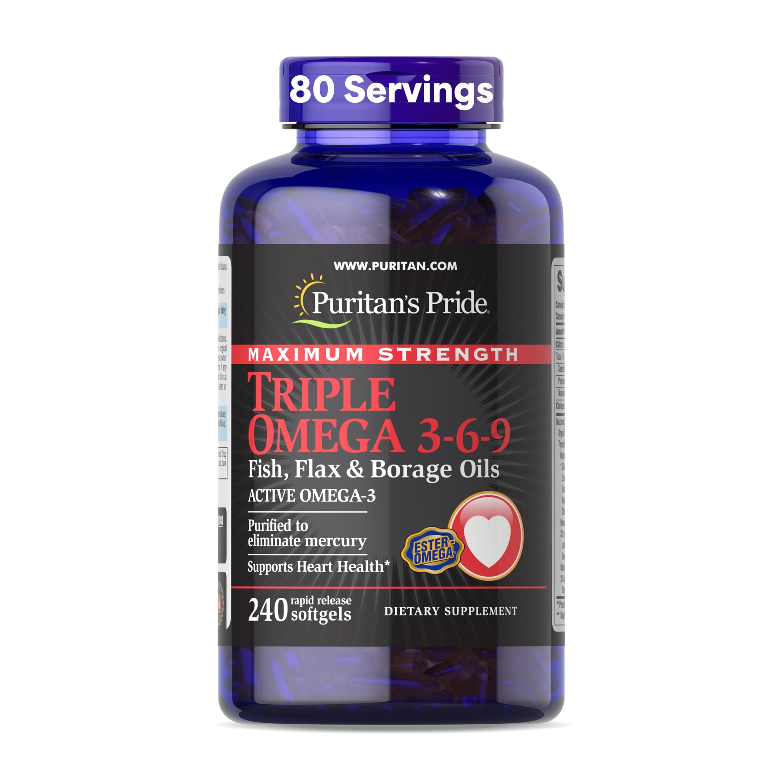 Puritans Pride Maximum Strength Triple Omega 3-6-9 Fish, Flax & Borage Oils-240 Softgels