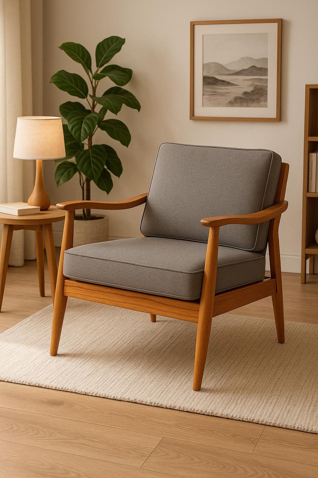 UrbonArts Solid Sheesham Wood Lounge Chair | Mid-Century Accent Chair for Living Room | Wooden Arm Chair with Cushions