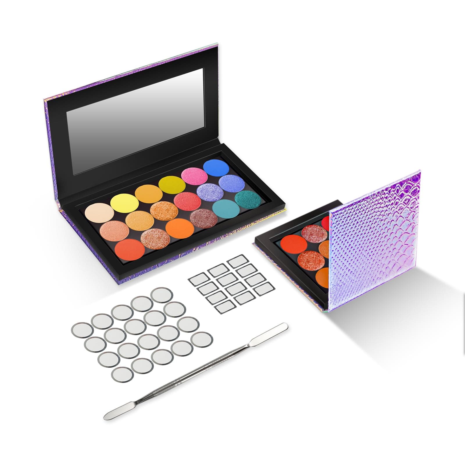 Leopard Empty Makeup Magnetic Palette with Spatula and Metal Stickers 2pcs Palettes Set 18 Colors and 9 Colors Empty Magnetic Makeup Palette (Fish Scales)