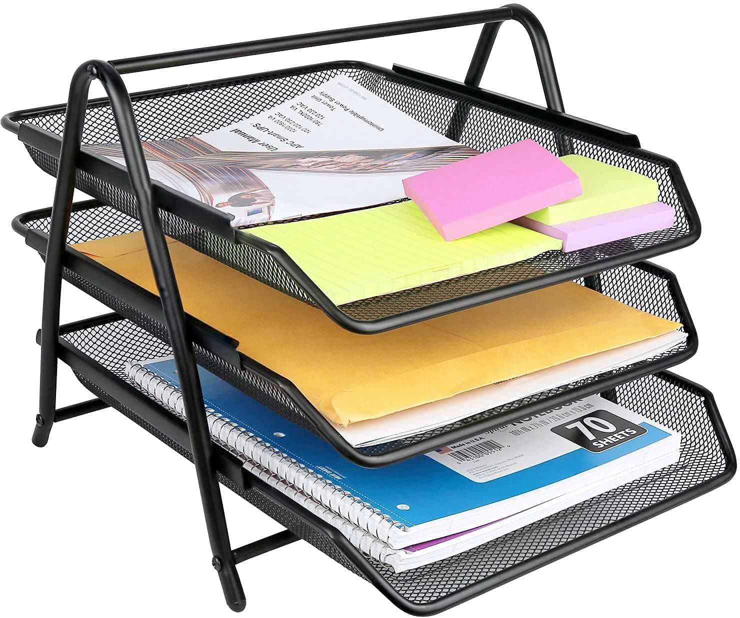 SOLDTRUE 3 Tier Document, File, Paper, Letter, Office, Desktop Tray Organizer 3 Desk File Tray, 3 Tier Metal Mesh A4 Files Documents Papers Folders Holder Desk Organizer (Black, Sliding Shelf)