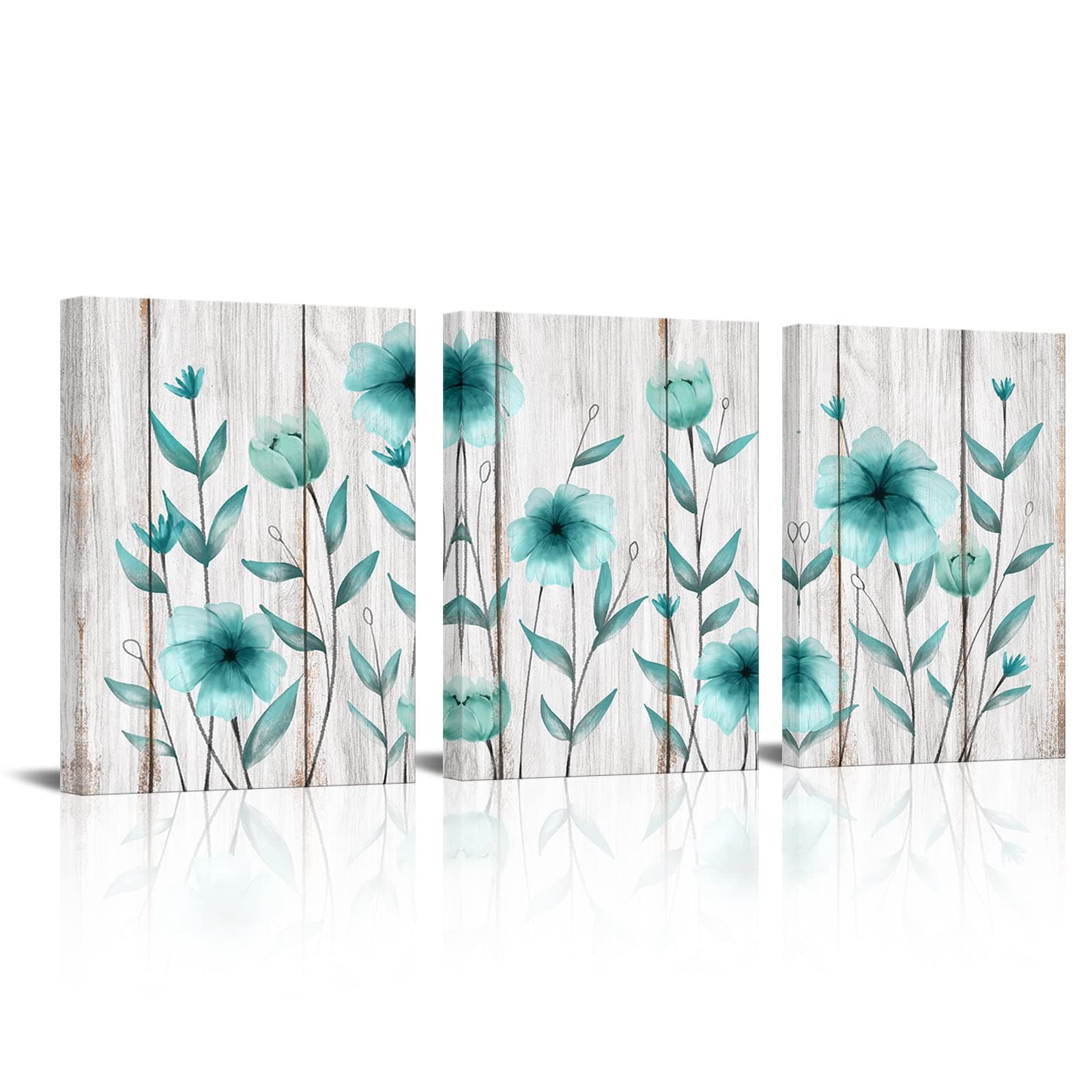 LyerArtork 3 Piece Teal Flower Canvas Wall Art Rustic Floral on Wood Background Painting Vintage Artwork for Living Room Bedroom Decorations Gallery Wrap Ready to Hang Each Piece 12x16inch