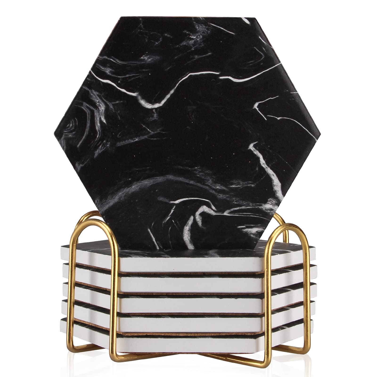 Cool Black Marble Coaster Set with Holder Hexagon Absorbent Coasters