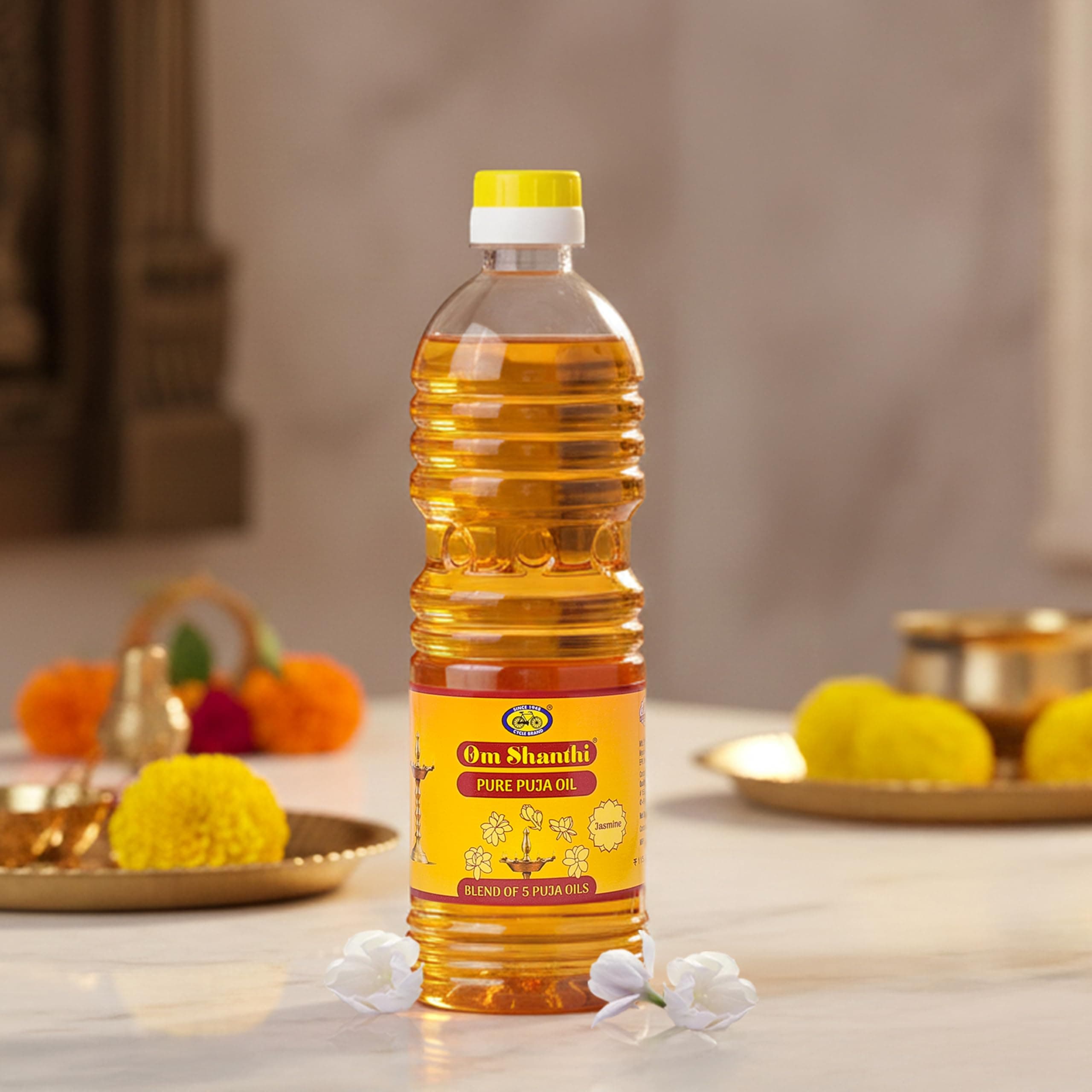 Om Shanthi POOJA MADE PURE Cycle Pure Om Shanthi Puja Oil, Blend of 5 Puja Oils with Jasmine Fragrance for Daily Puja, Festivals - Pack of 1/500ML Per Pack