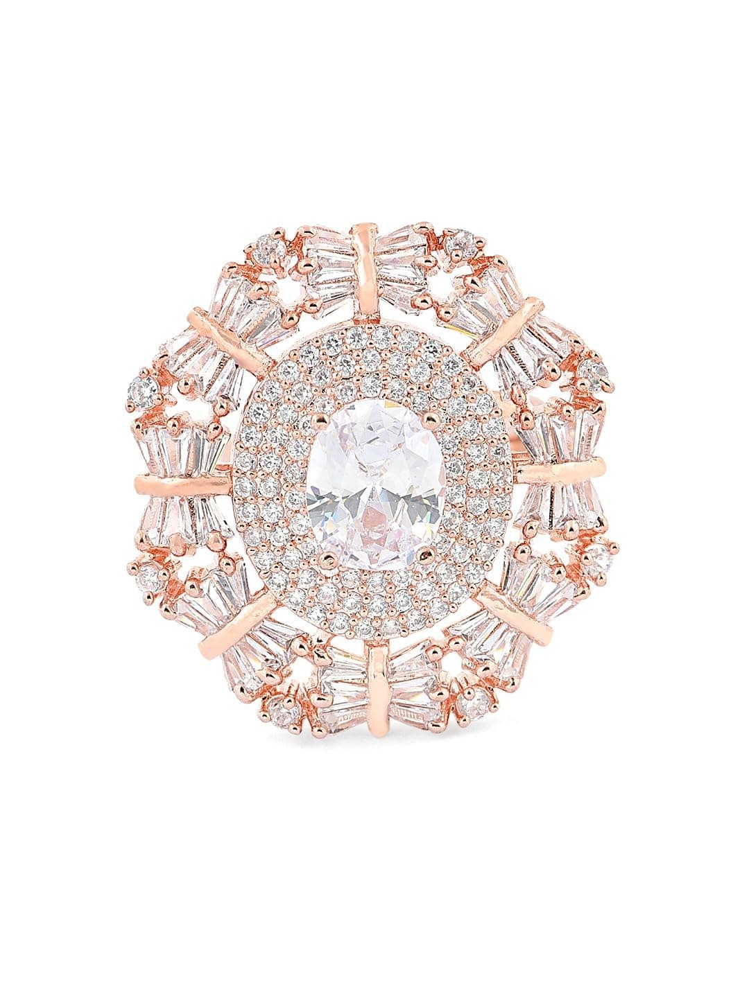 ZAVERI PEARLS Rose Gold Dazzling Cubic Zirconia Party Bling Statement Brass Adjustable Finger Ring For Women-ZPFK16107