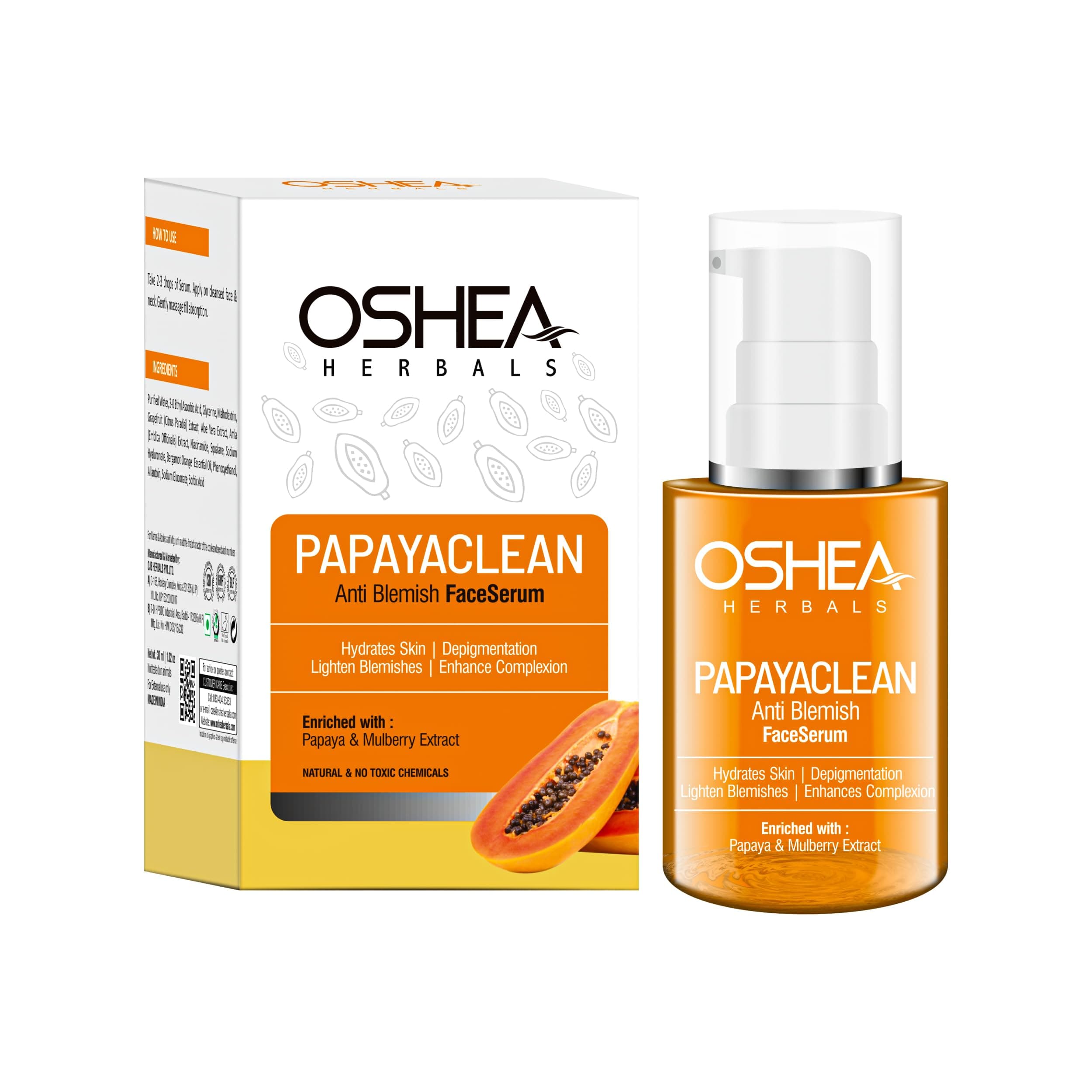 Oshea Herbals Papayaclean Anti Blemish Serum for All Skin Types | Lightens Blemishes & Hydrates Skin with Deep Cleansing | Enriched with Papaya, Pineapple & Mulberry Extract 30ml