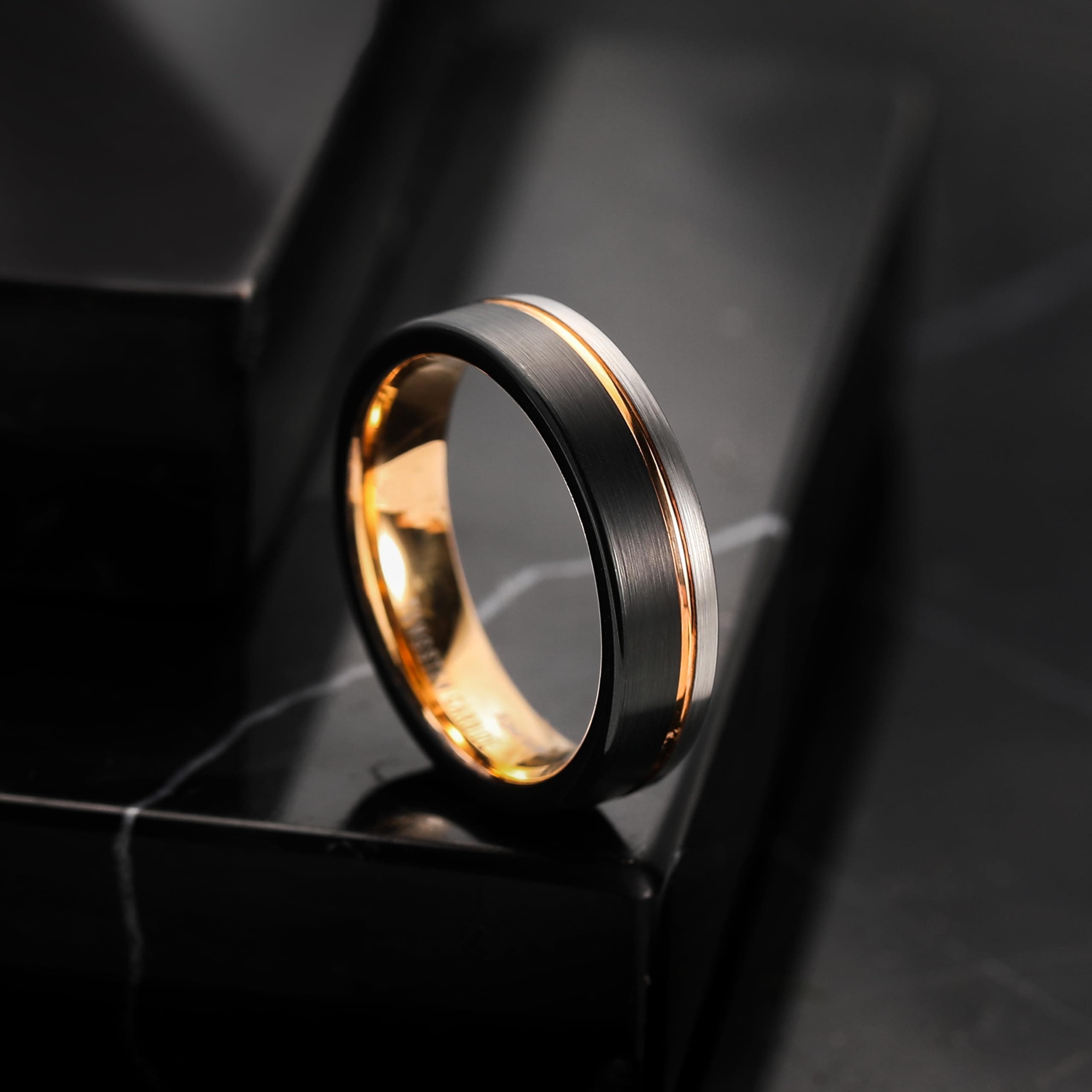 King Will Loop Tungsten Carbide Band 6mm/8mm Rose Gold Line Ring Black and Silver Brushed Comfort Fit