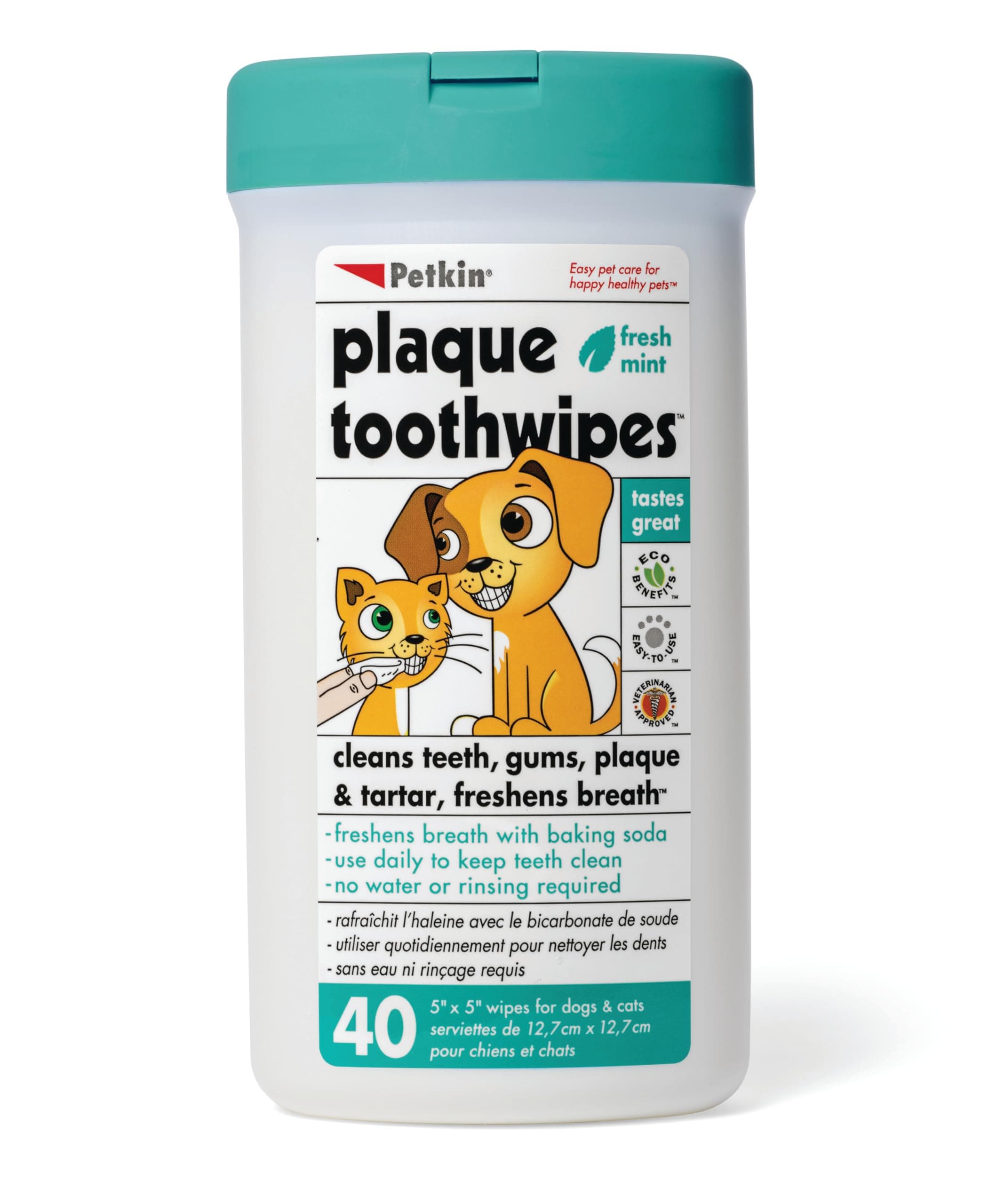 Petkin Plaque Fresh Mint Toothwipes 40 Count Dog & Cat Dental Cleaning Wipes