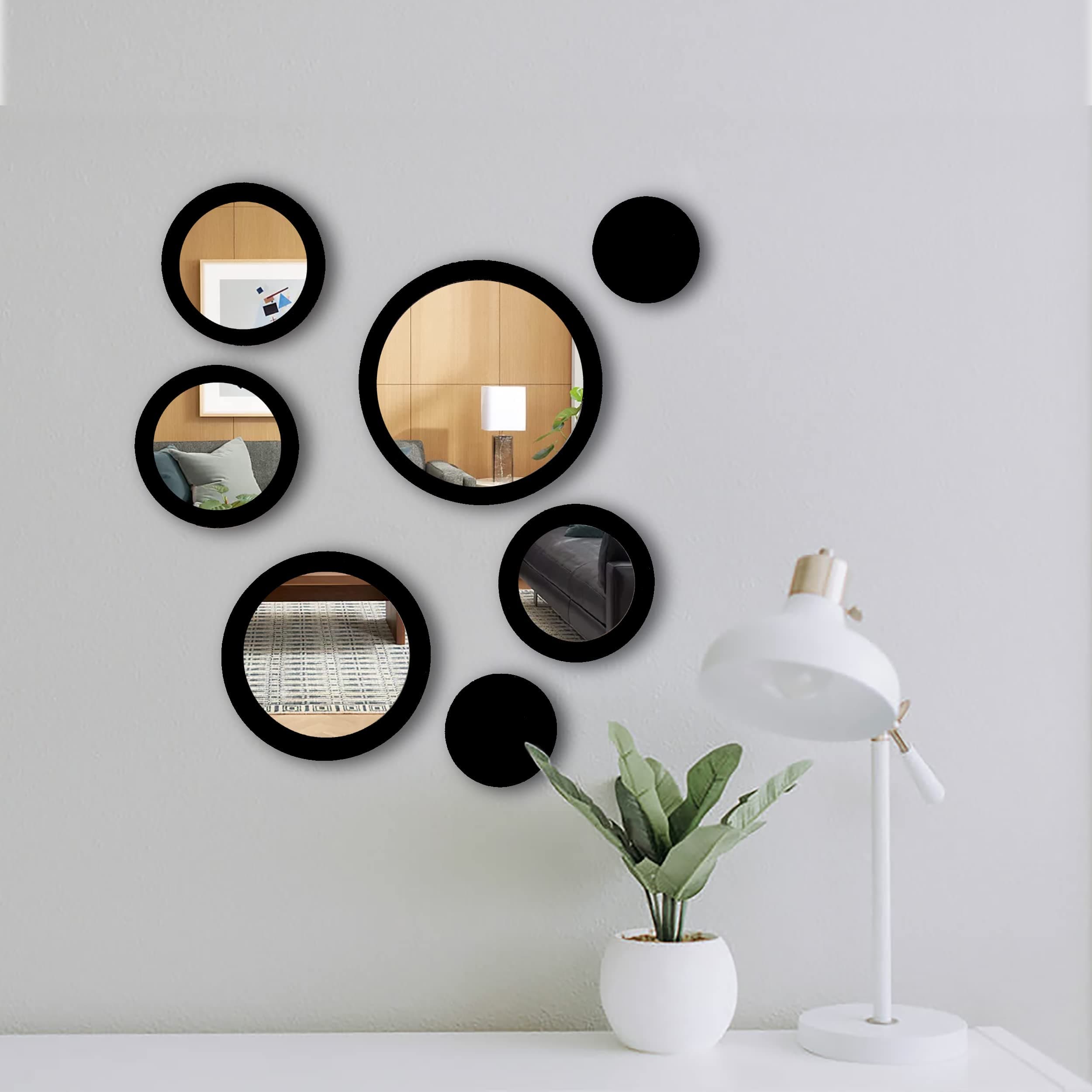 VAH- Kya Bat Hai !! Wall Art Round Black Frame Wall Mirror Sticker for Home | Cafe | Restaurants | Hotels | Offices Decoration Items (7 Pcs Black Mirror Sticker)