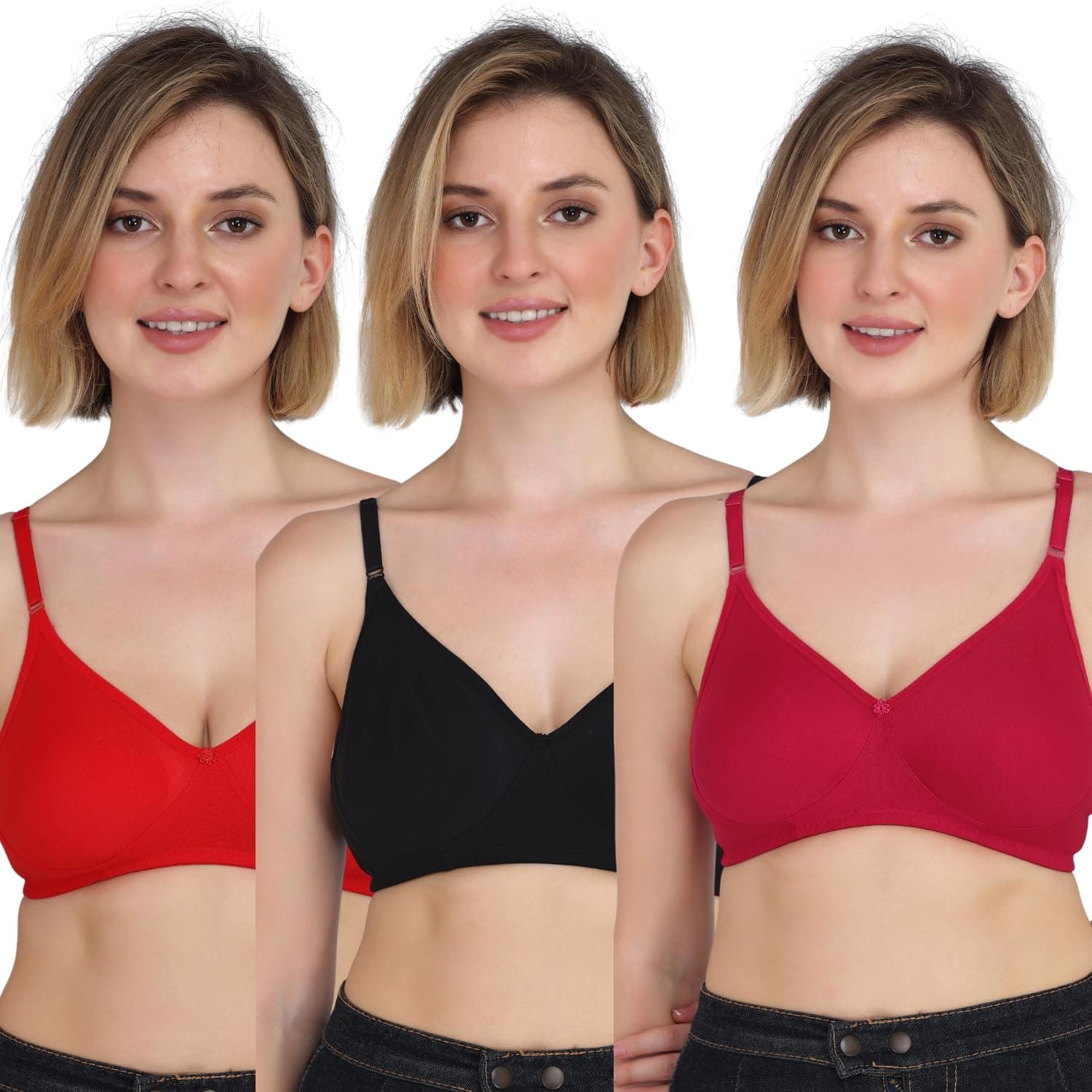 Aimly Women's Cotton Non-Padded Non-Wired Molded Bra Pack of 3