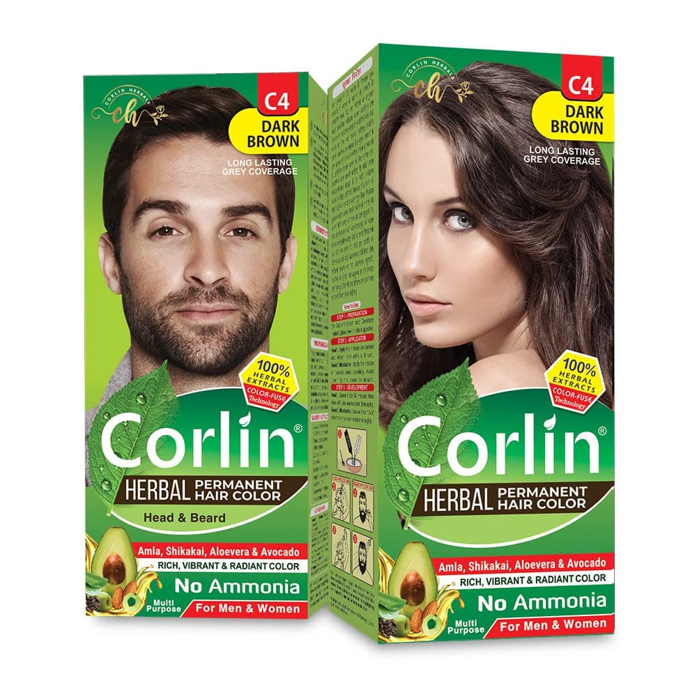 Corlin Herbal Permanent Hair Color Cream Dark Brown C4 (100g x 2pcs) | Hair Dye Cream | Even-Looking Finish | Men and Women