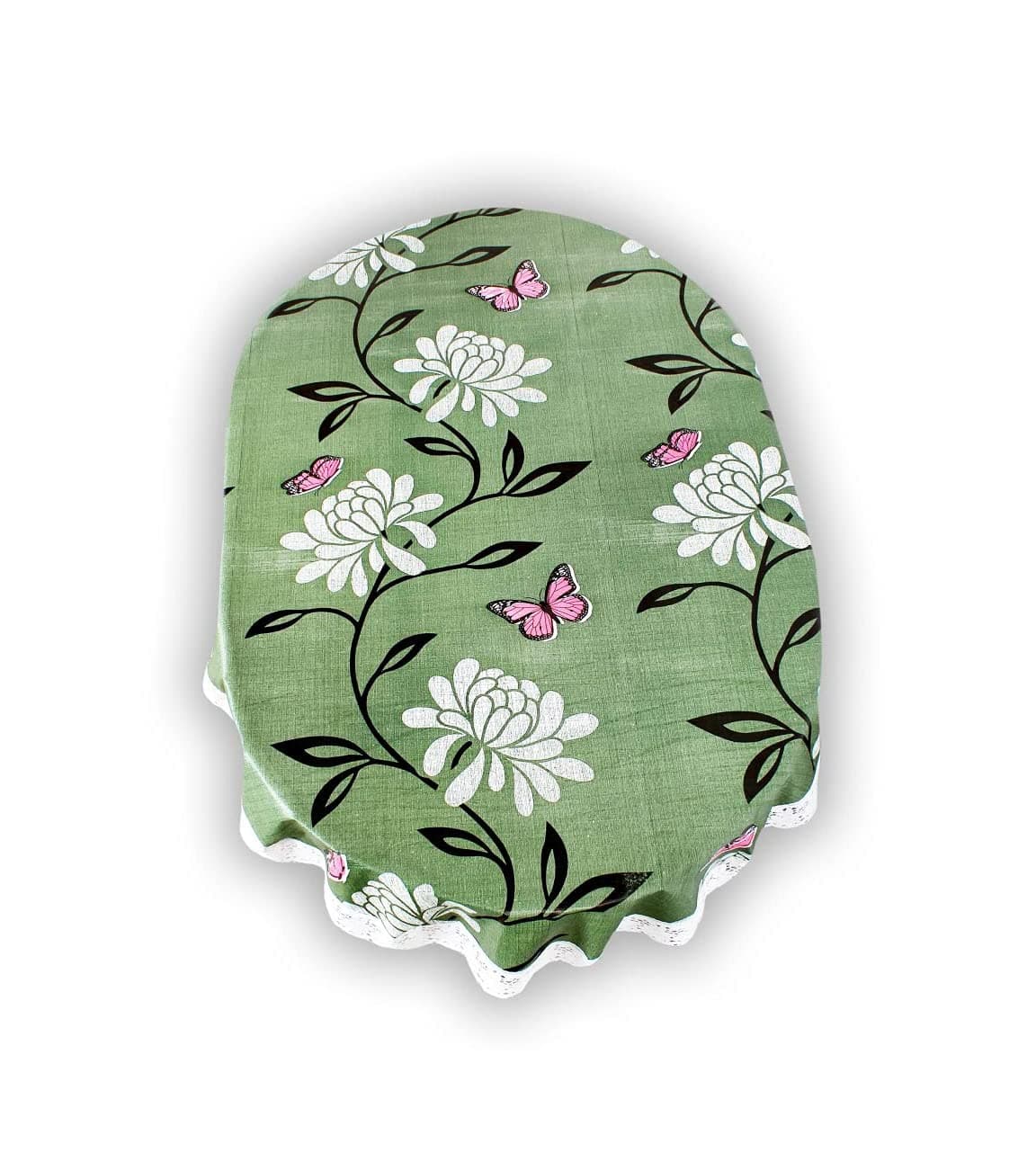 CRAFT CITY Oval Shape Table Cover for 60" X 90", 6 Seater,with White Side Trim Lace, PVC Material