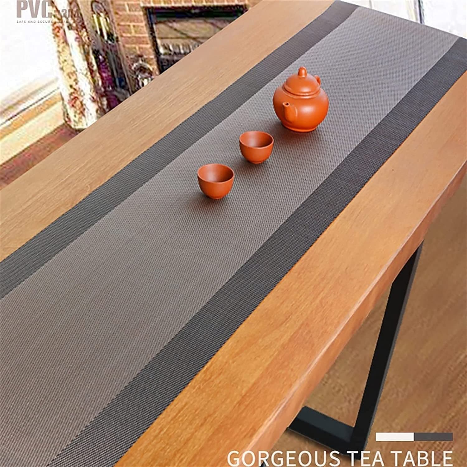 we3 Table Runner Washable Vinyl Brown Table Runner for Kitchen Dining Tea Table Use Heat Insulation PVC Vinyl Weave