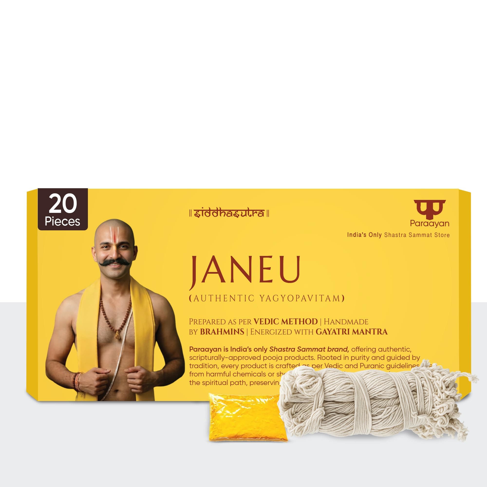 Paraayan Janeu Yagyopavit Dhaga for Brahmin | 20 Pieces Janau with Haldi Pouch | Pure Sacred Thread for Rituals, Worship, and Spiritual Blessings | Pack of 1 (Yagyo Pavitam for Puja)