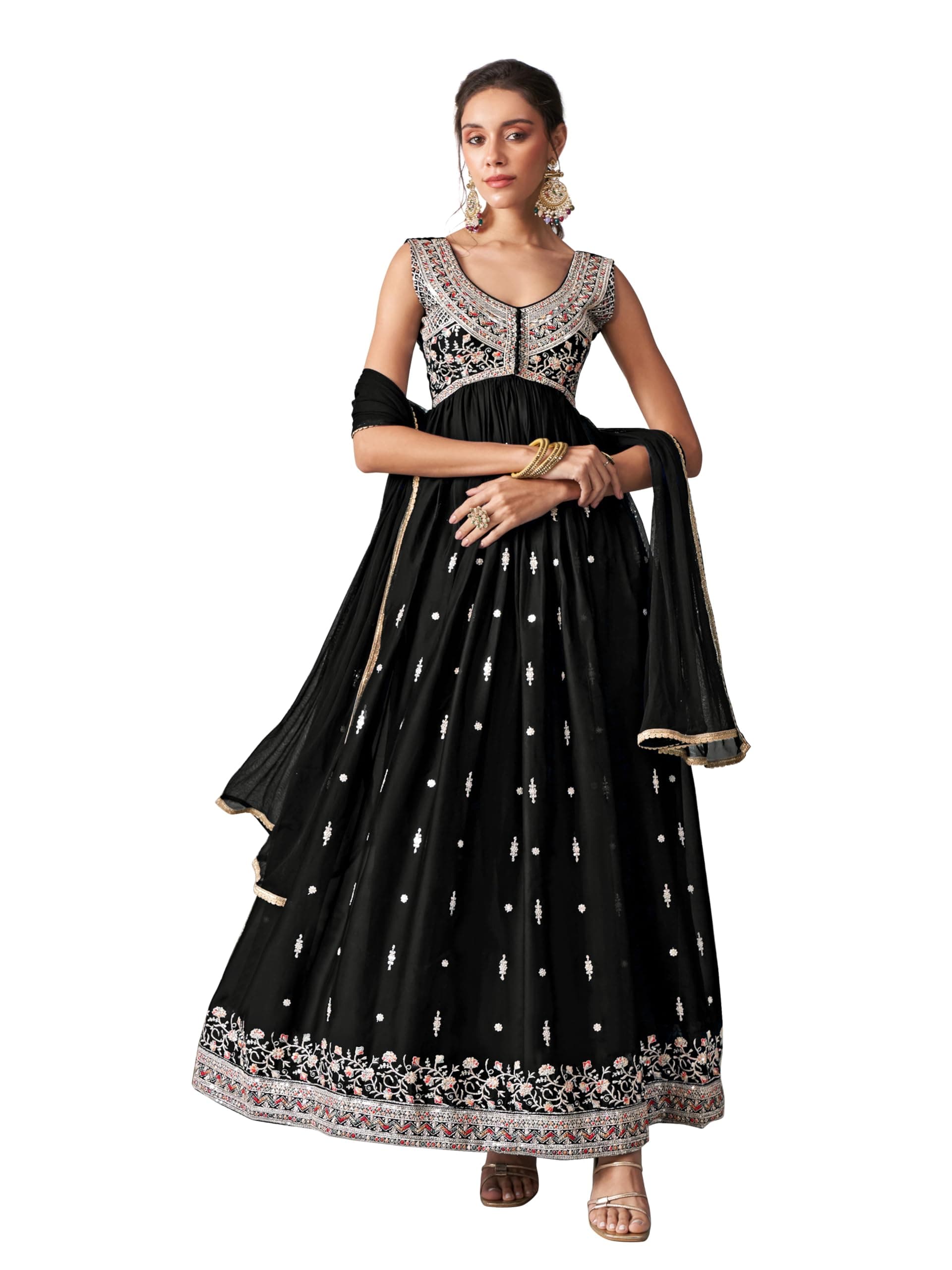 TRENDMALLS Women's Art Silk Embroidery Sequence Work Anarkali Kurta Pant with Dupatta Set For Women