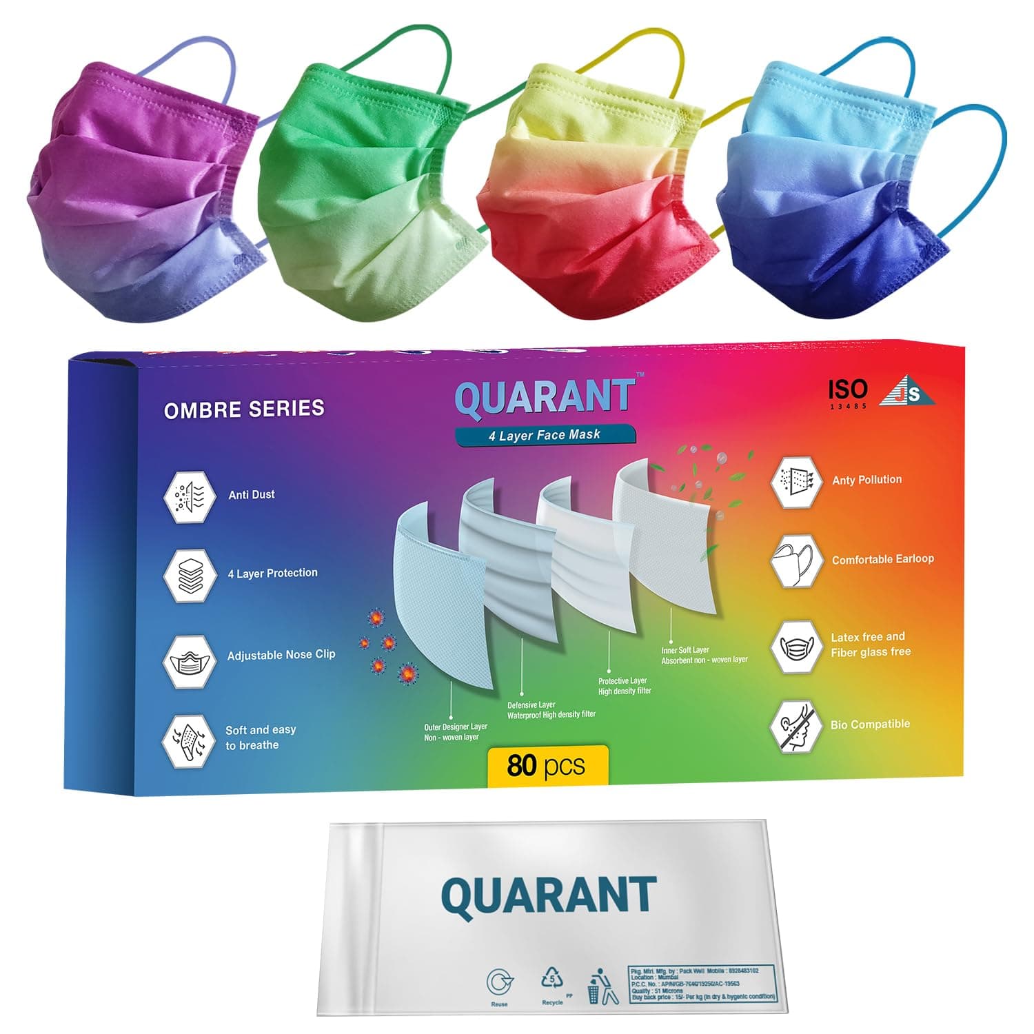 QUARANT 4 Ply Designer Protective Face Mask (Ombre Combo, Pack of 80)