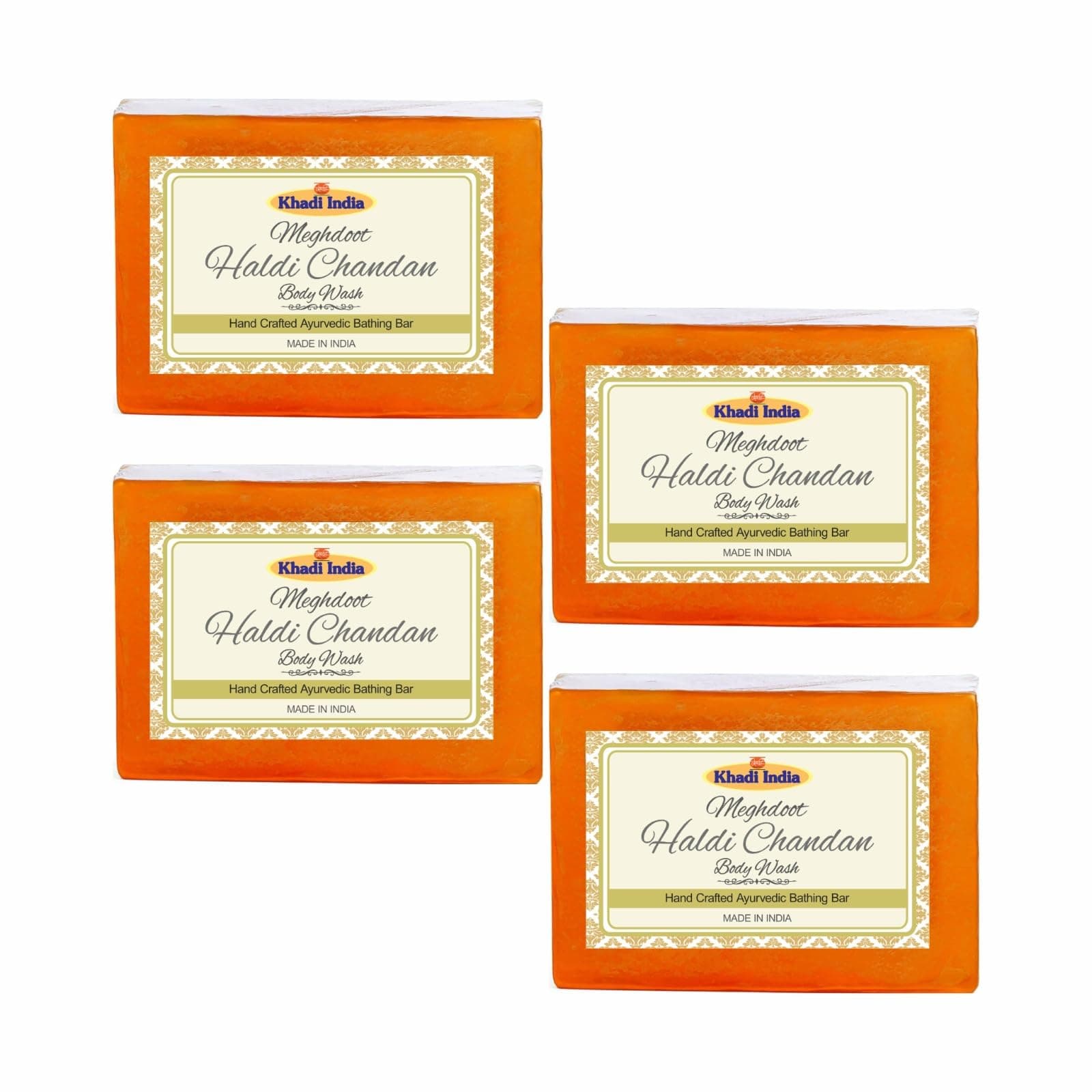 Meghdoot Haldi Chandan Body Wash Soap handmade ayurvedic bathing bar with turmeric and sandalwood extracts natural skin moisturizing herbal soap for glowing clear skin 125gm (Pack of 4)