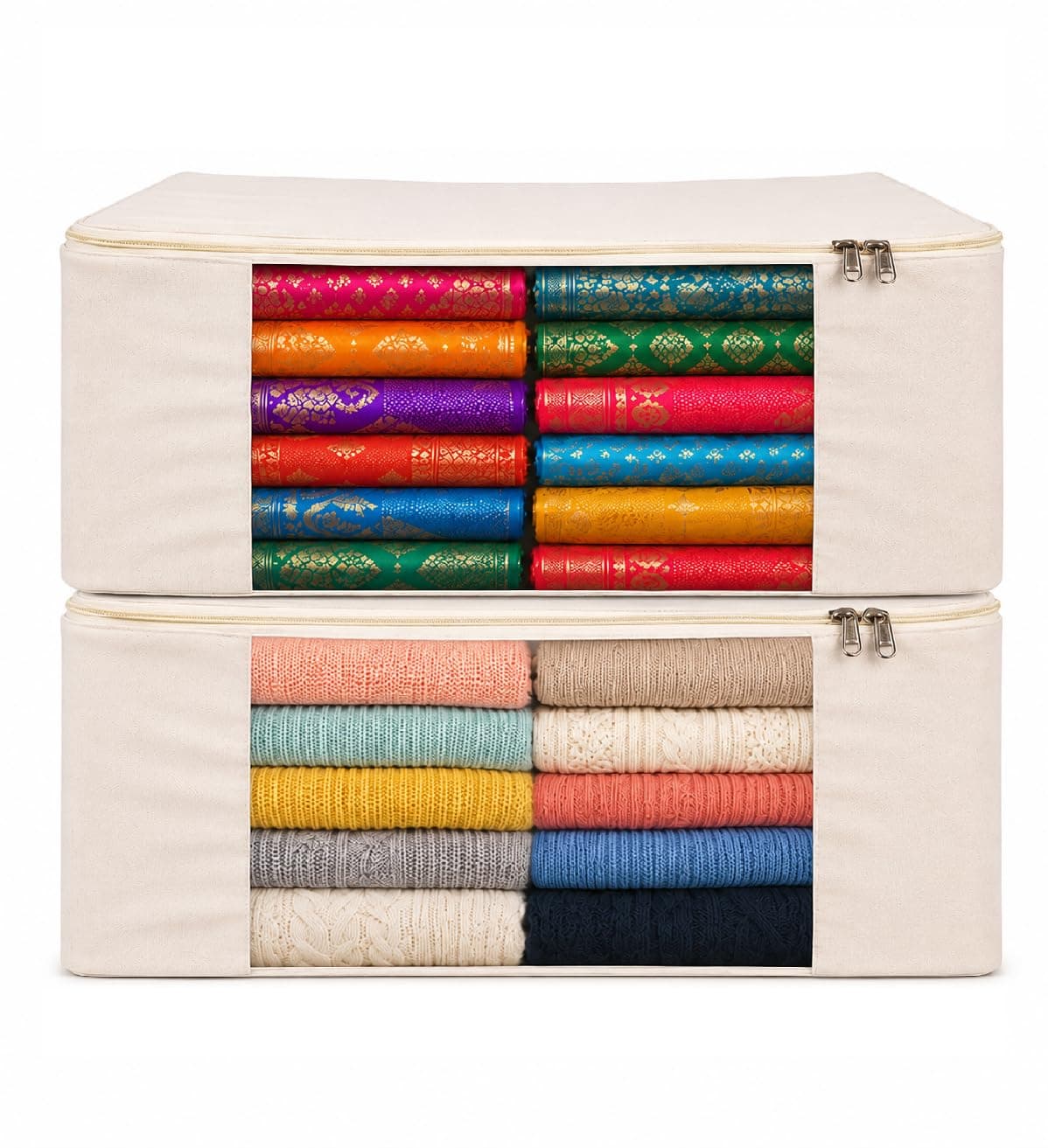 Kottify Cotton Canvas Clothes Storage Bags/Saree Covers with Zip for Storage Specially Design for Woman Dresses, Sarees, Lehengas for Wardrobe Organizer (42.2cm x 36cm x 20cm),Beige