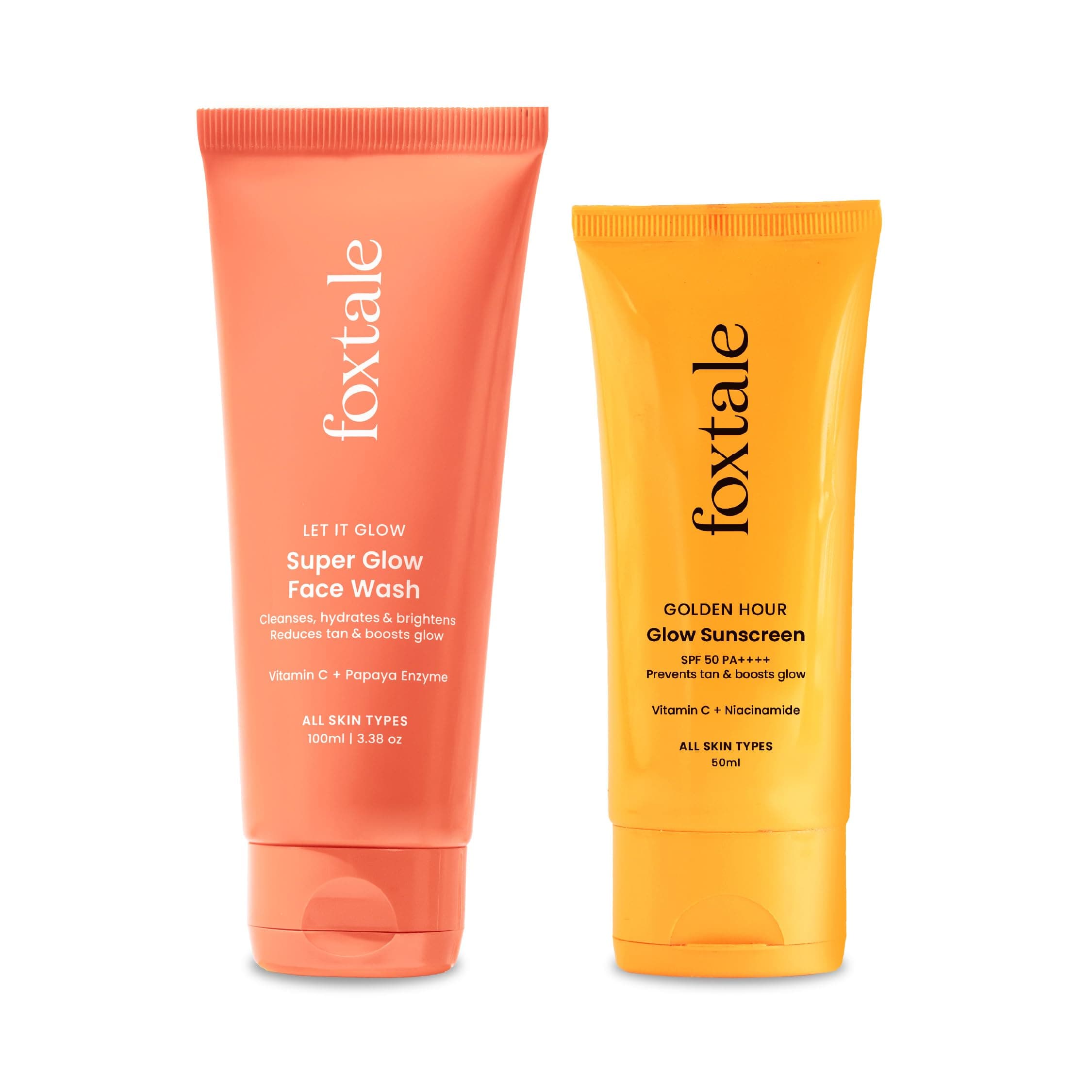 Foxtale Bright Start Duo | Super Glow Face Wash with Vitamin C & Papaya Enzyme + SPF 50 Glow Sunscreen with Vitamin C & Niacinamide | Daily Tan Removal & Brightening | 100ml + 50ml | For Men & Women