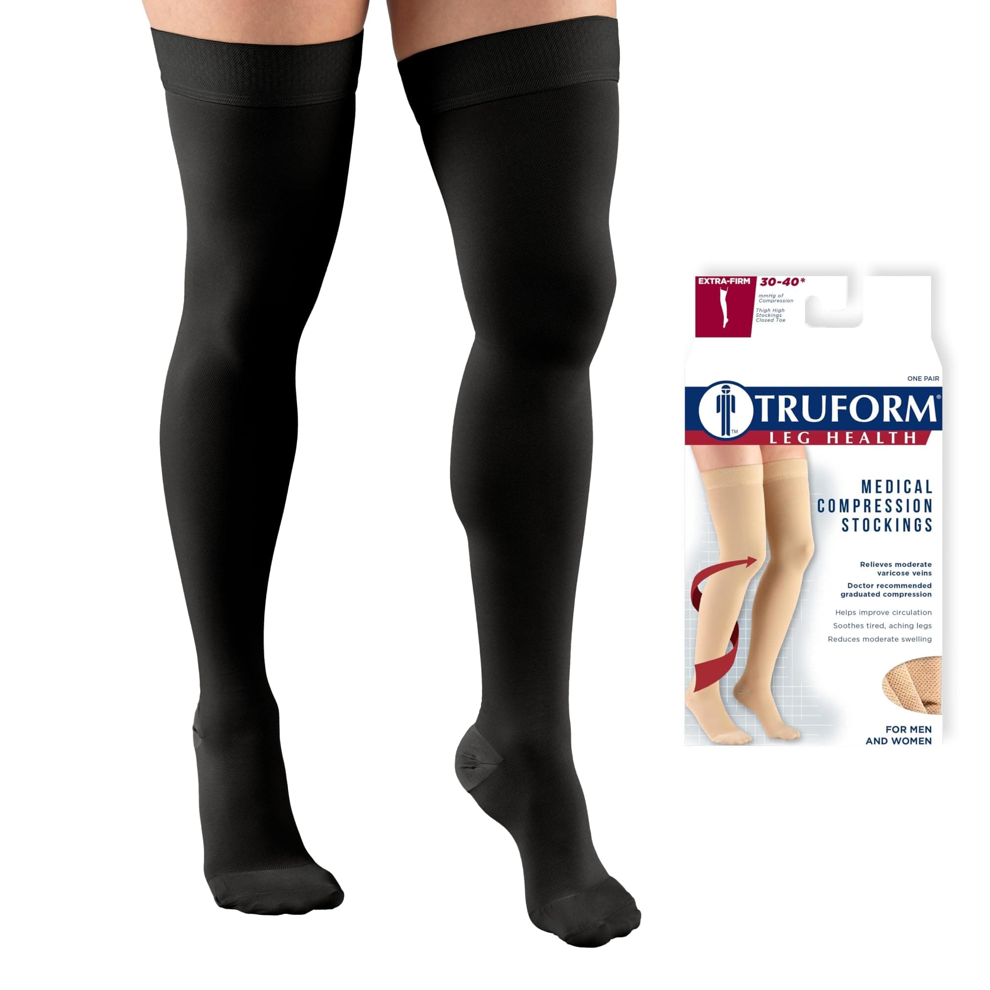 Truform 8848, Compression Stockings, Thigh High, Closed toe, Silicone Dot Top, 30-40 mmHg, Black, Large
