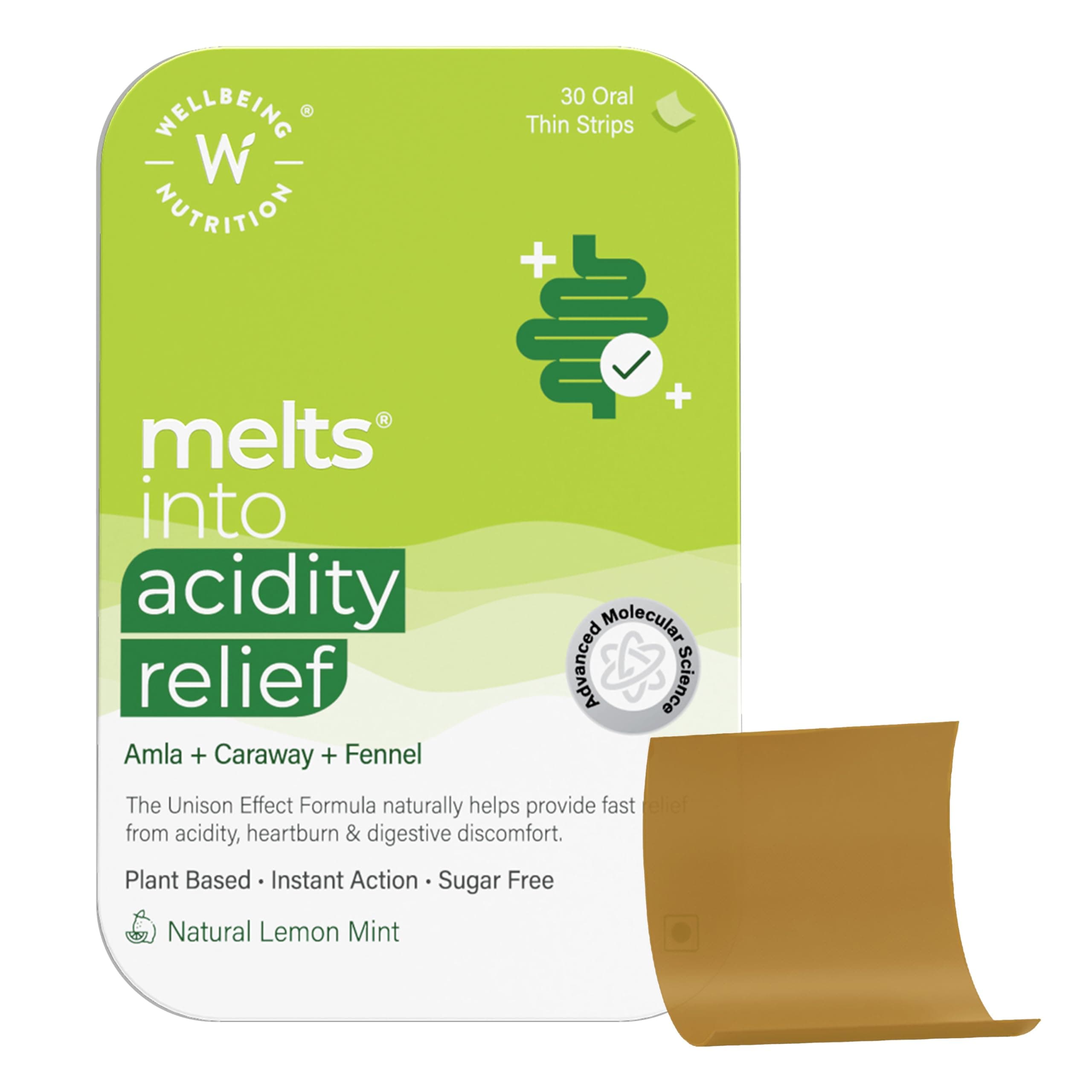Wellbeing Nutrition Melts Acidity Relief | Clinically Proven Natural Antacid with Amla, Caraway, Fennel, Mint | Relief for Acidity, Heartburn, Bloating, Indigestion, Acid Reflux, 30 Oral Strips