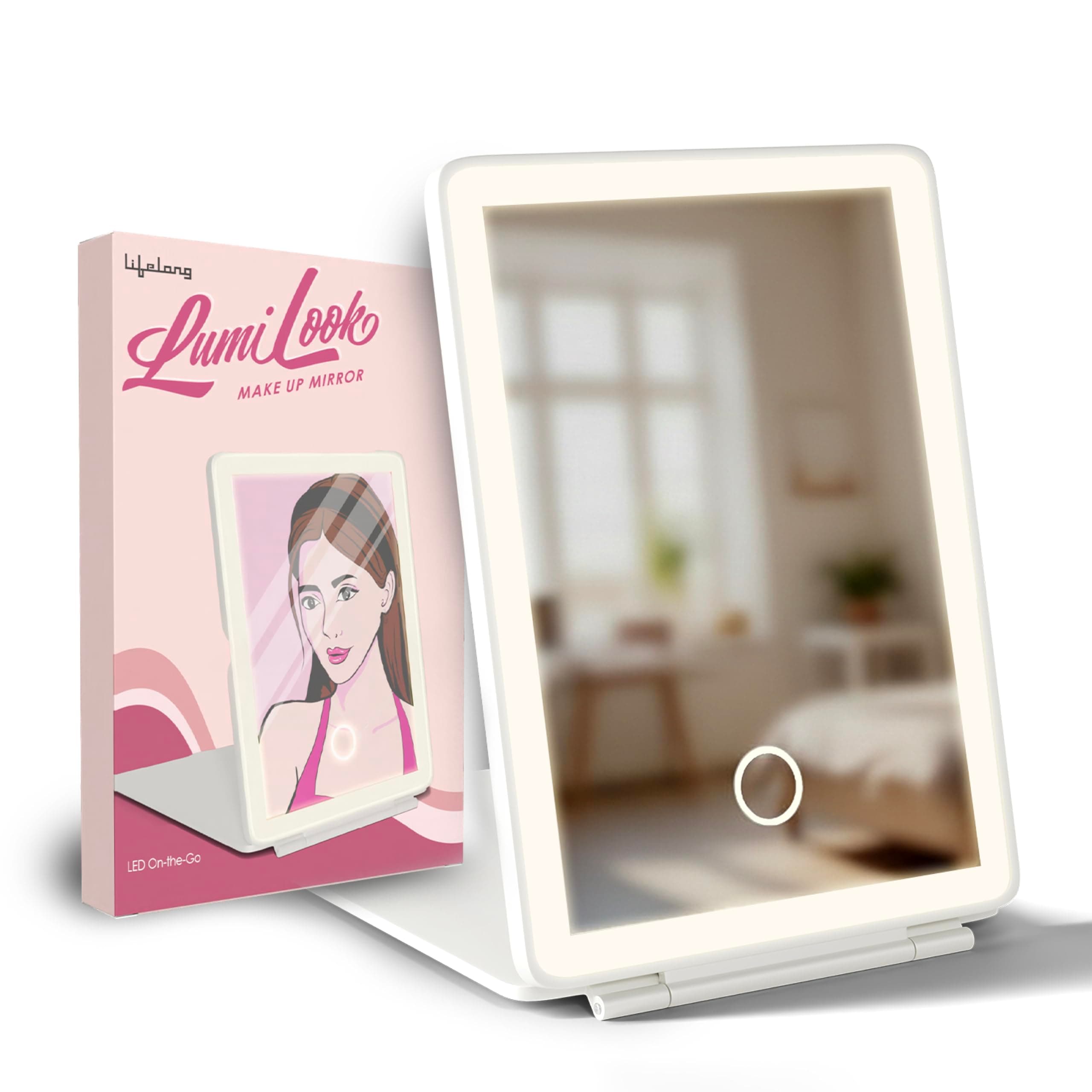 Lifelong LumiLook Rechargeable Makeup Mirror with 68 LED Lights & 3 Light Settings (White, Yellow, Warm) | Touch Screen Vanity Mirror with Stand, Portable Travel Folding Mirror with Type-CUSB Charging