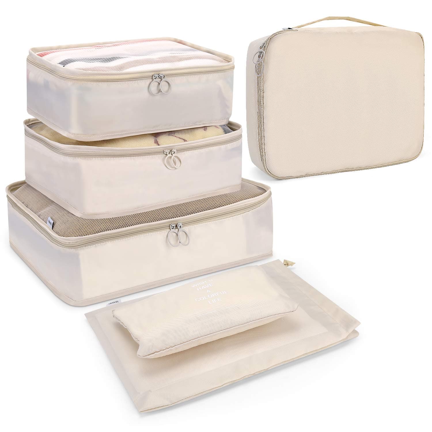 Endim Packing Cubes Set for Travel (Beige, 6 Packing Cubes)