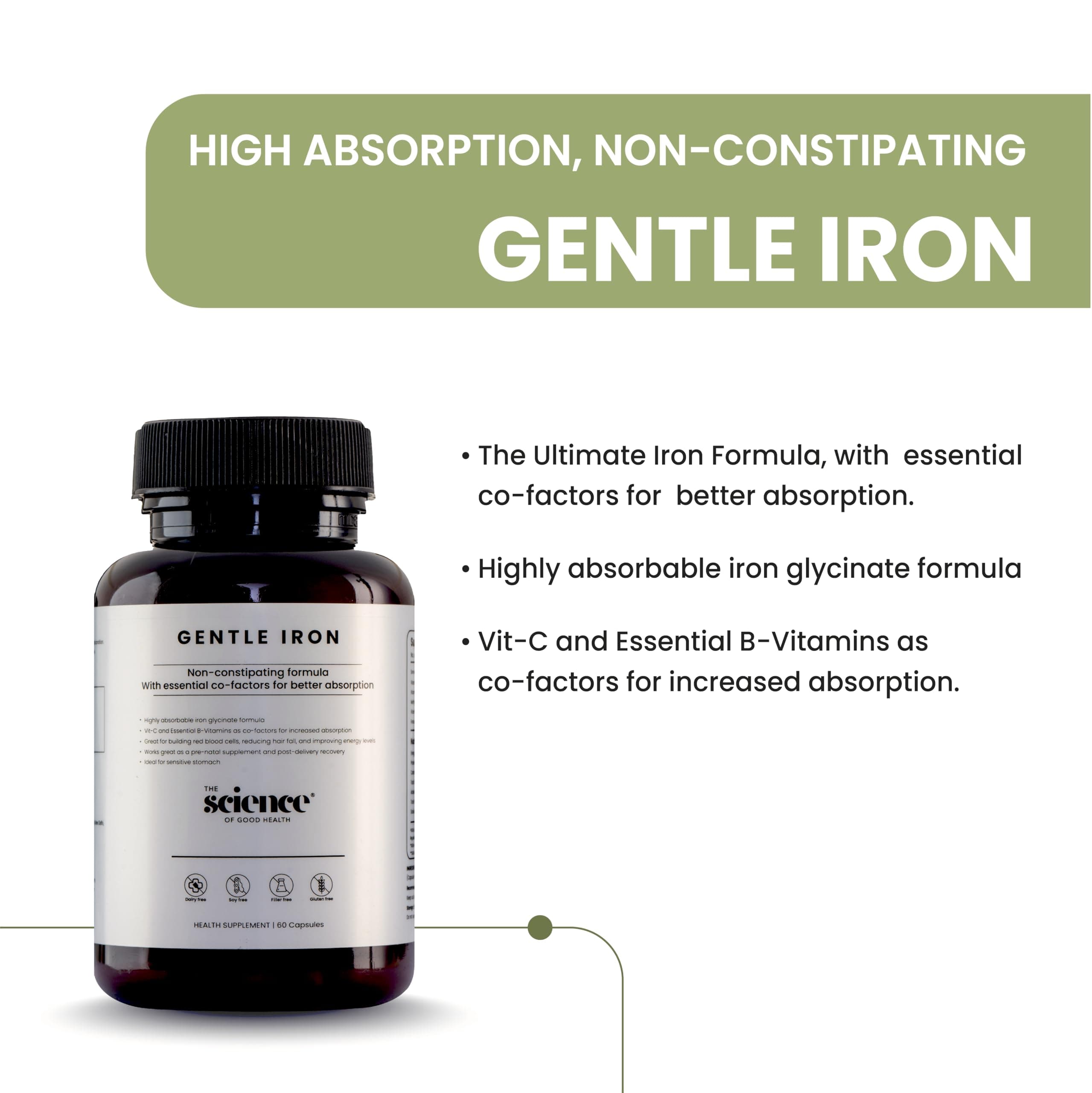 The Science of Good Health- Iron Bisglycinate Supplement with Vitamin C (Organic), Folate (B9), Methyl Folate & B12 | Highly Absorbable, Non-Constipating Gentle Iron for Hemoglobin, Energy, Hair Fall Support, Skin Care, Prenatal & Postnatal Care