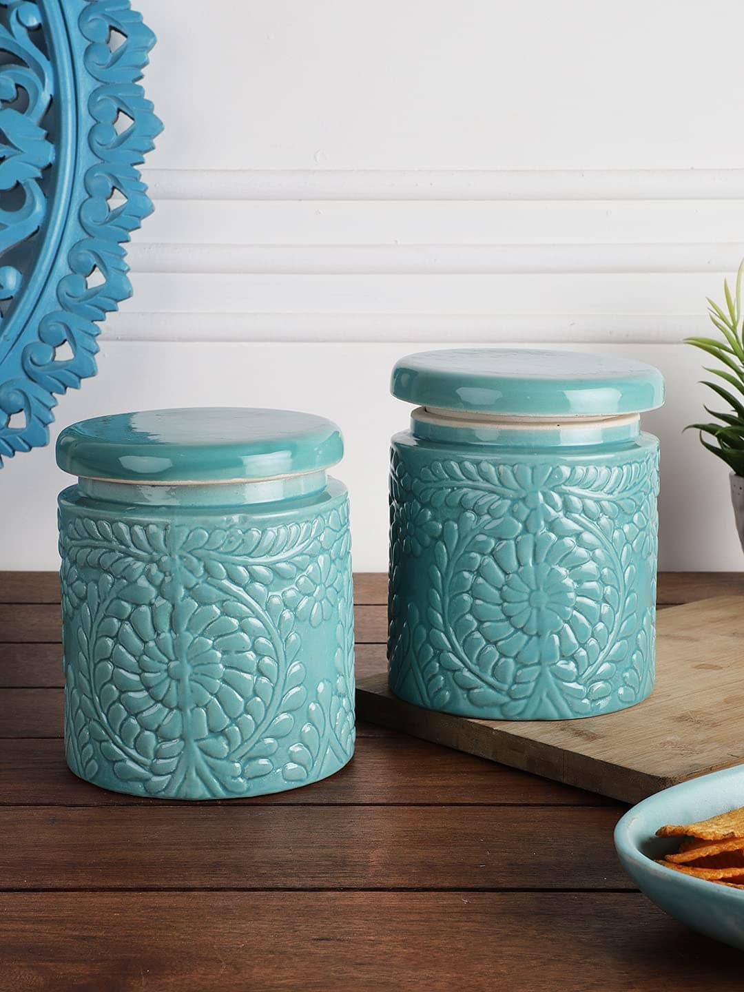 utensil master Set of 2 Handmade Ceramic Pickle Jars with Lids – Hand-Painted Floral Embossed Turquoise Achaar Martban – Traditional Indian Pottery Spice & Salt Containers (Pair of 2)