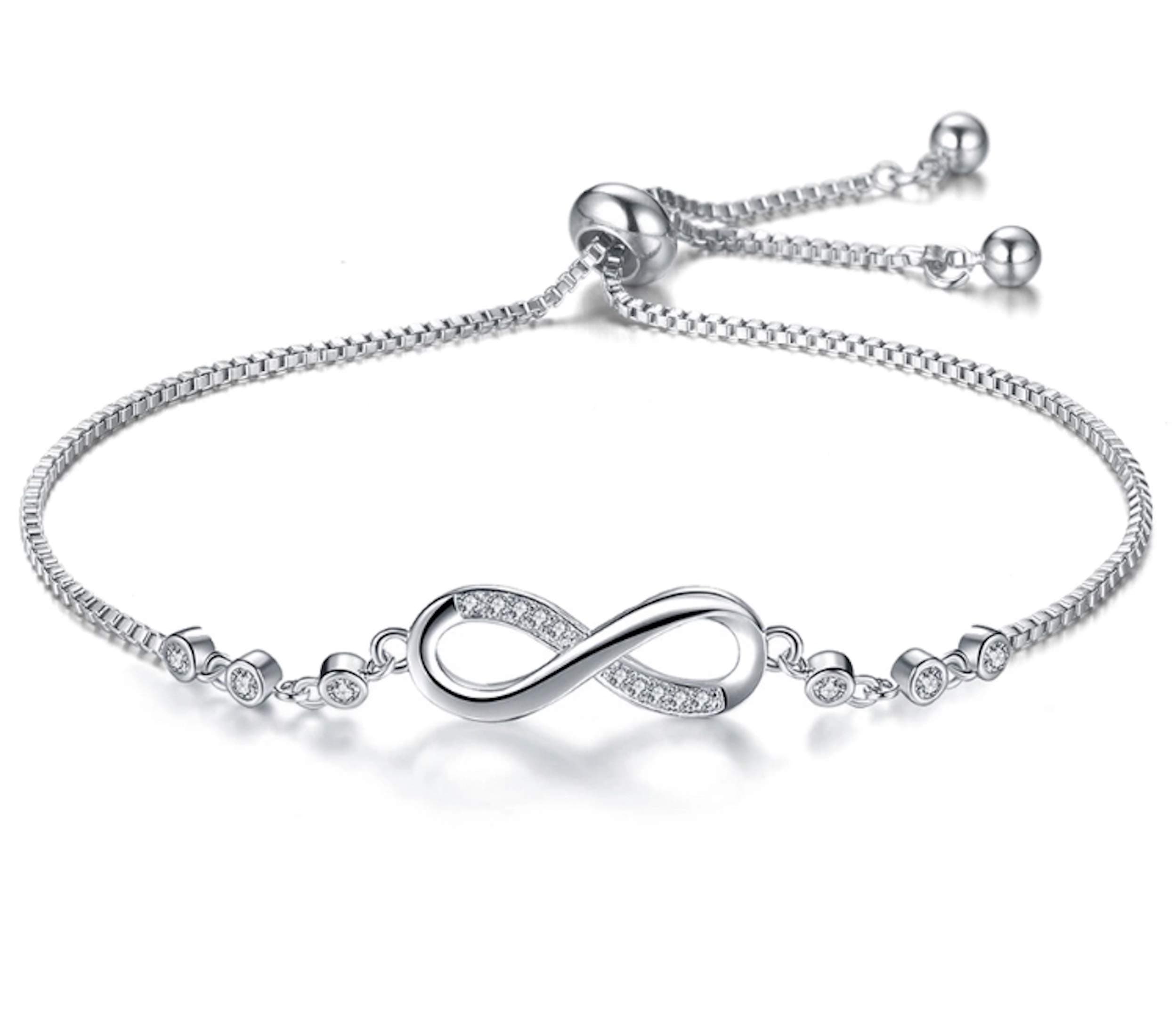 Nilu's Collection Infinity Shape Cubic Zirconia Diamond Bracelet for Women, Jewelry for Gift, Adjustable Charm Bracelet (Silver)