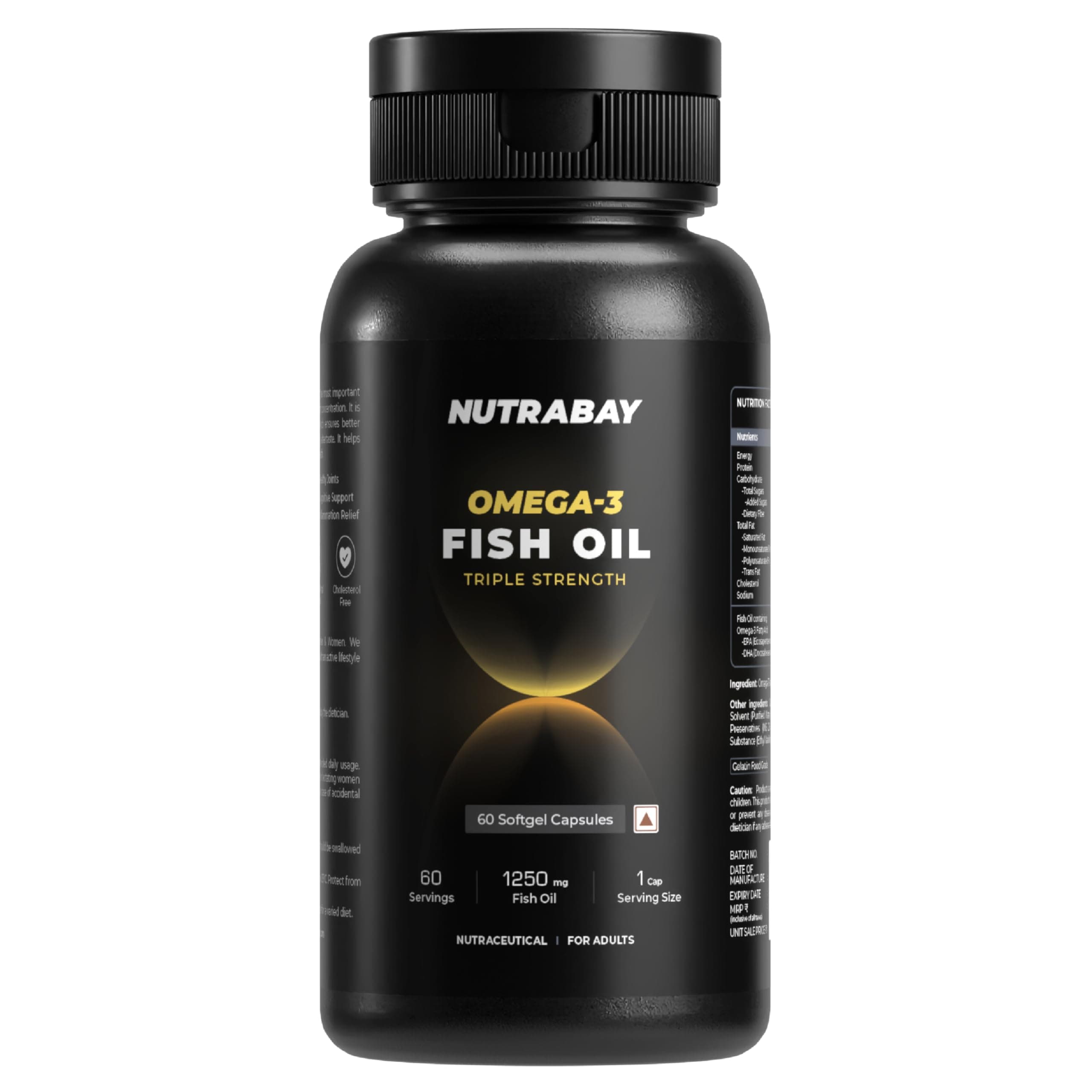 Nutrabay Omega 3 Triple Strength Fish Oil Supplement 1250mg - 60 Capsules | 460mg EPA & 380mg DHA | No Fishy Burps | No Heavy Metals | Supports Joint, Brain & Heart Health