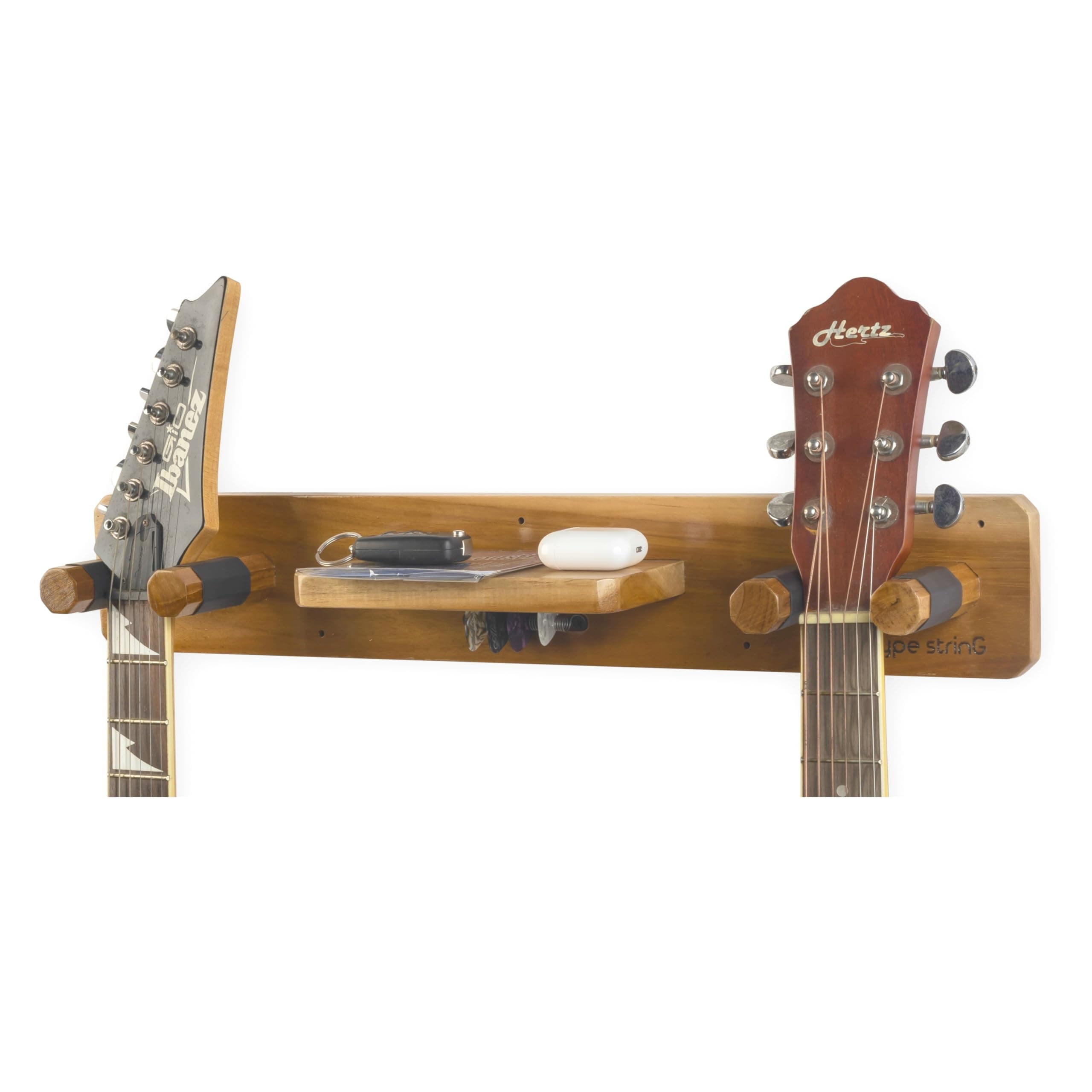 Hype String Solid Wood Guitar Wall Stand for Two Guitar || Solid Wood Guitar Hanger with Shelf and Pick Holder