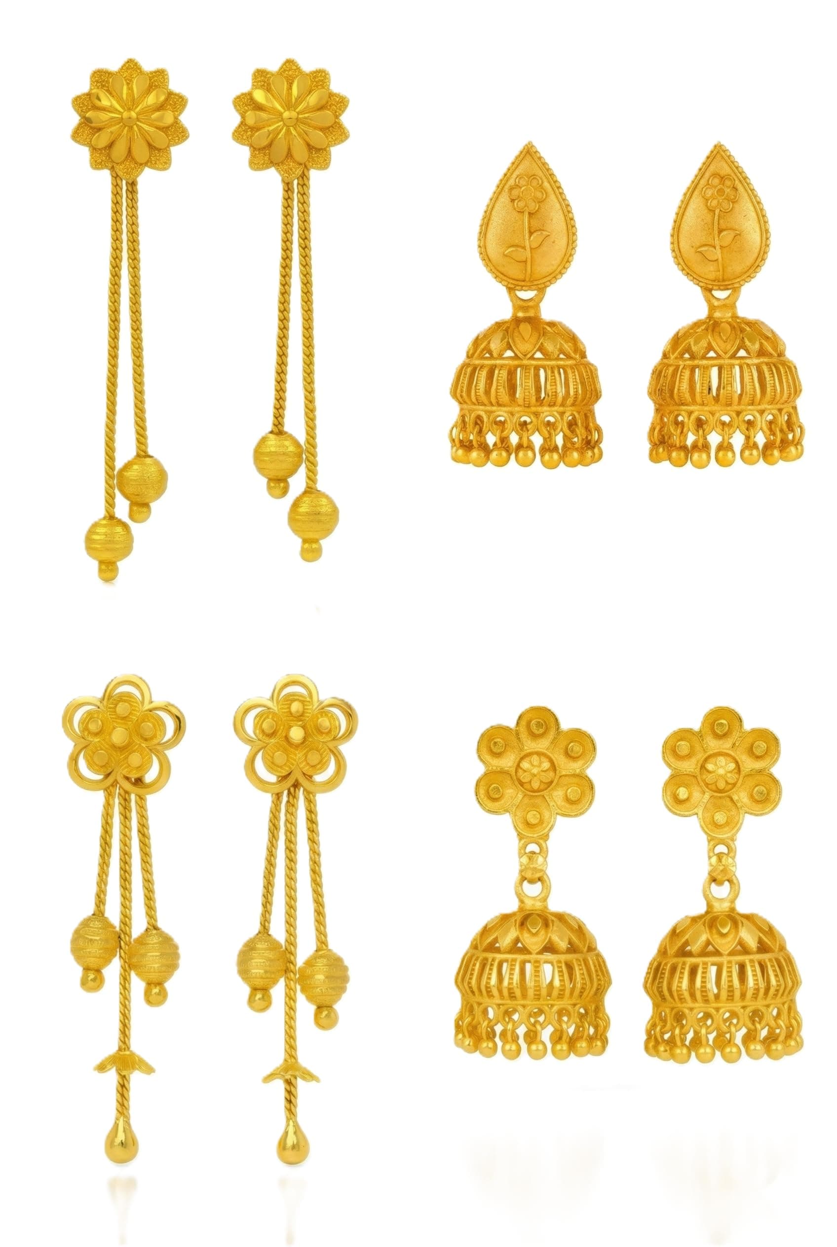 DEW MAT Gold Plated Traditional Jhumka Earrings Combo | Floral Drop & Big Jhumki Set with Matte Finish | South Indian Ghungroo Screw Back Studs Meenakari Jhumki Earrings Set for Women