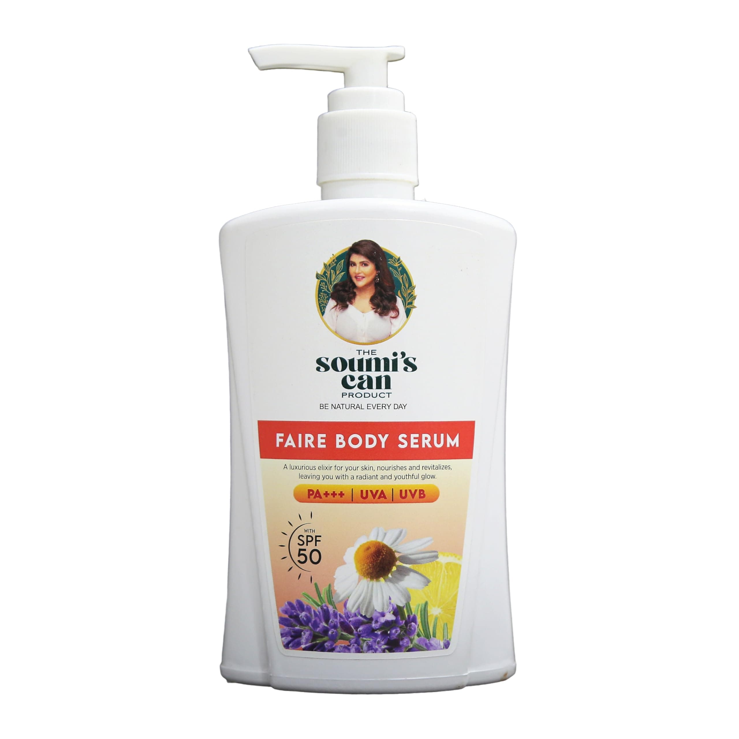 THE SOUMI'S CAN PRODUCT Faire Body Serum With SPF 50 | Enriched with Gold Powder & Plant-Based Extracts | PA+++ UVA/UVB Protection & Collagen Boost | Brightens Skin, Reduces Cellulite & Boosts Skin Firmness | For All Skin Types | For Women & Men | 250ml