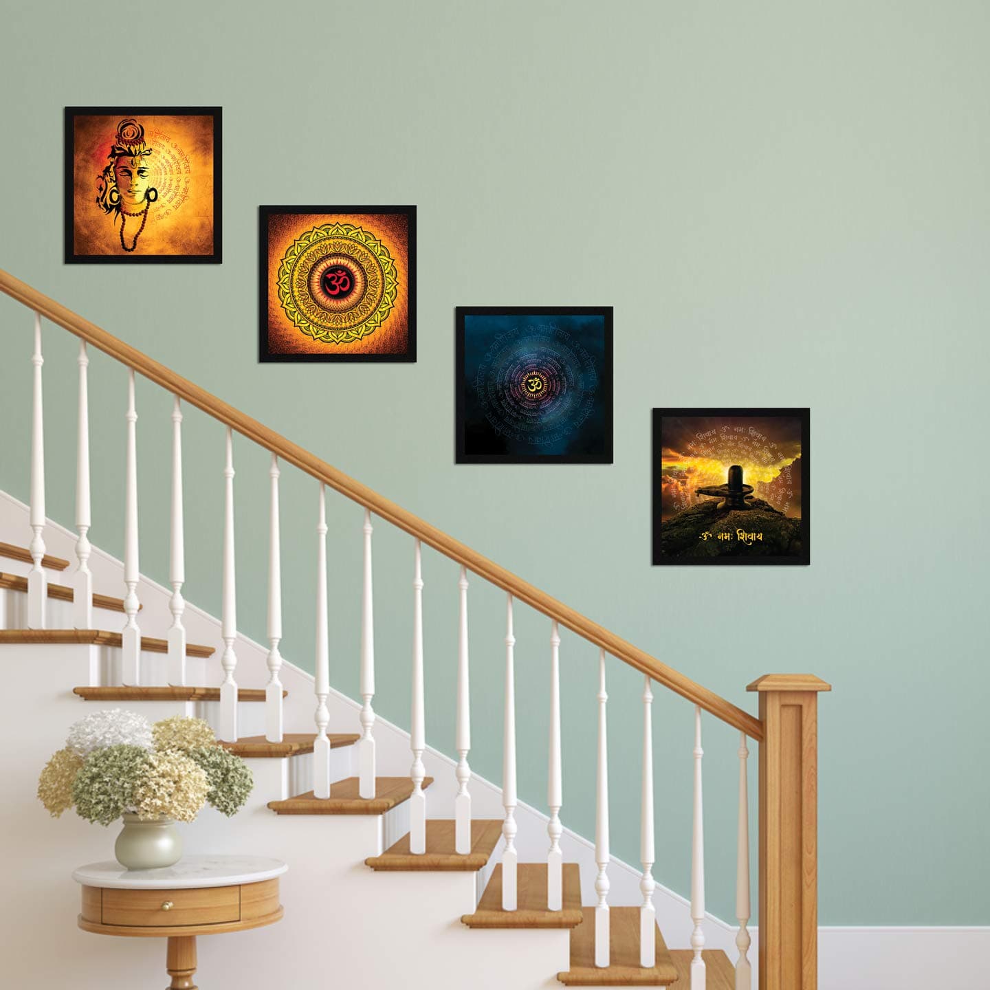 ArtX Religious Paper OM Namah Shivaya Mantra Traditional Wall Art Painting (Multicolour, 13X13 in)- Set of 4