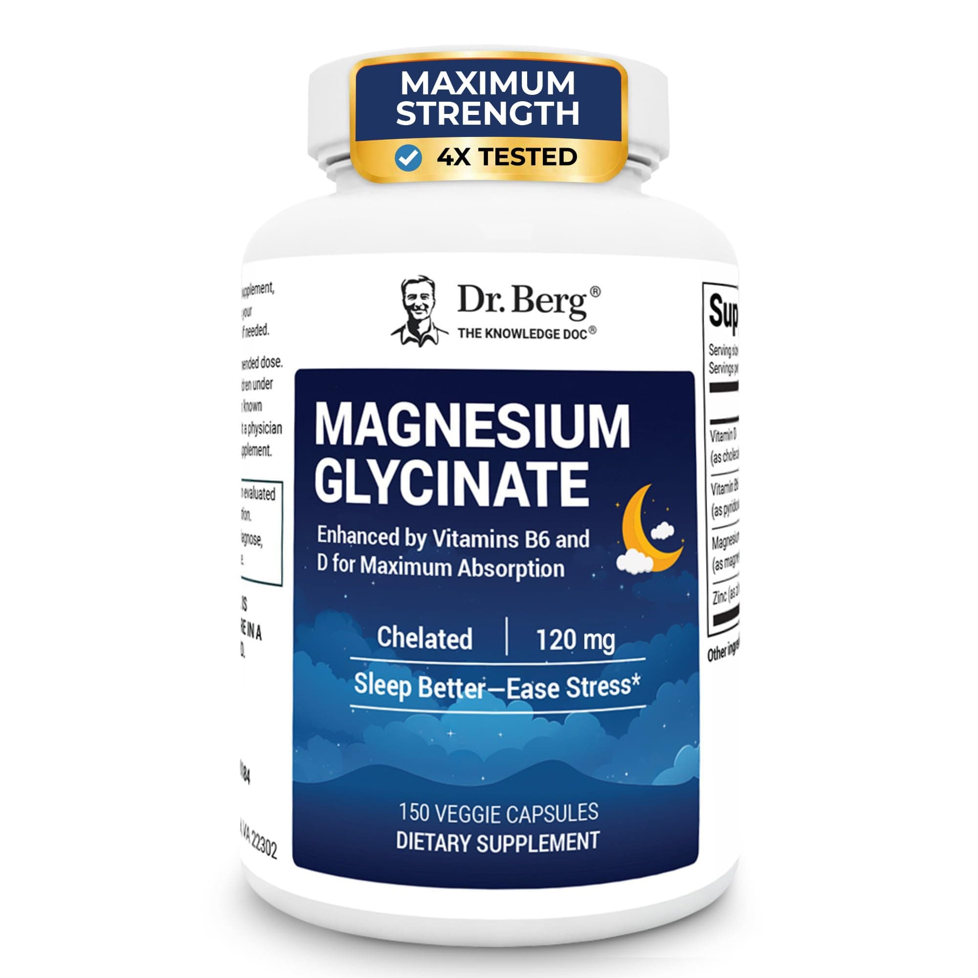 Dr. Berg Magnesium Glycinate Capsules with Vitamin D3, B6 & Zinc | 120 mg Magnesium per Serving | Vegetarian Mineral Supplement | 150 Capsules