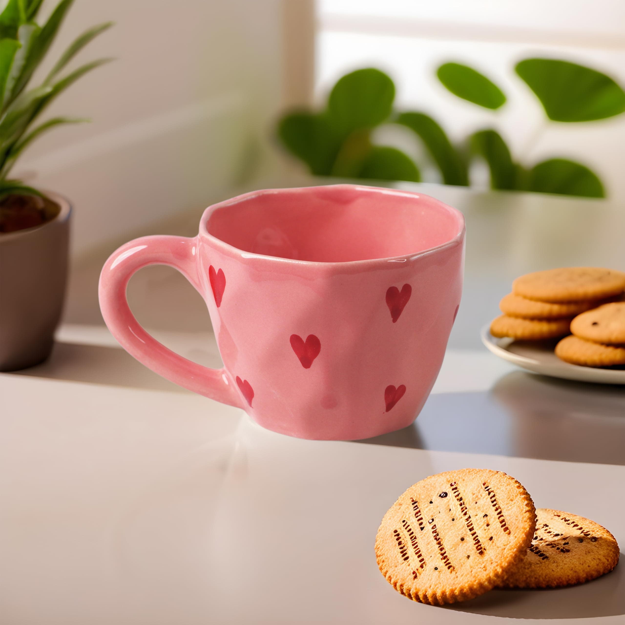 Handmade Ceramic Coffee Mug with Heart Print Design | Cute Valentine Gift Cup for Tea & Coffee | Glossy Finish | 300 ML