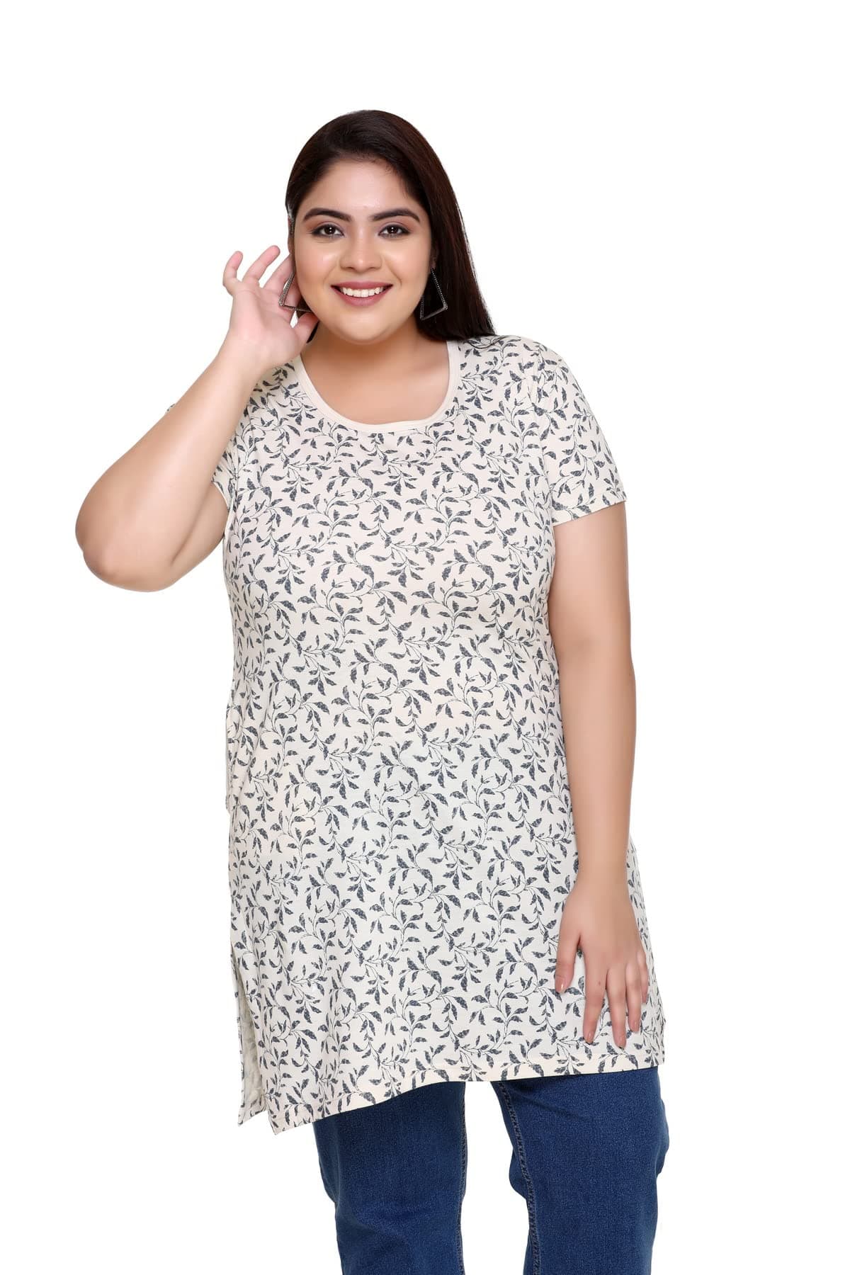 In Love Women's All-Over Printed Cotton Plus Size Longline T-Shirt Half Sleeve with Pockets White XL