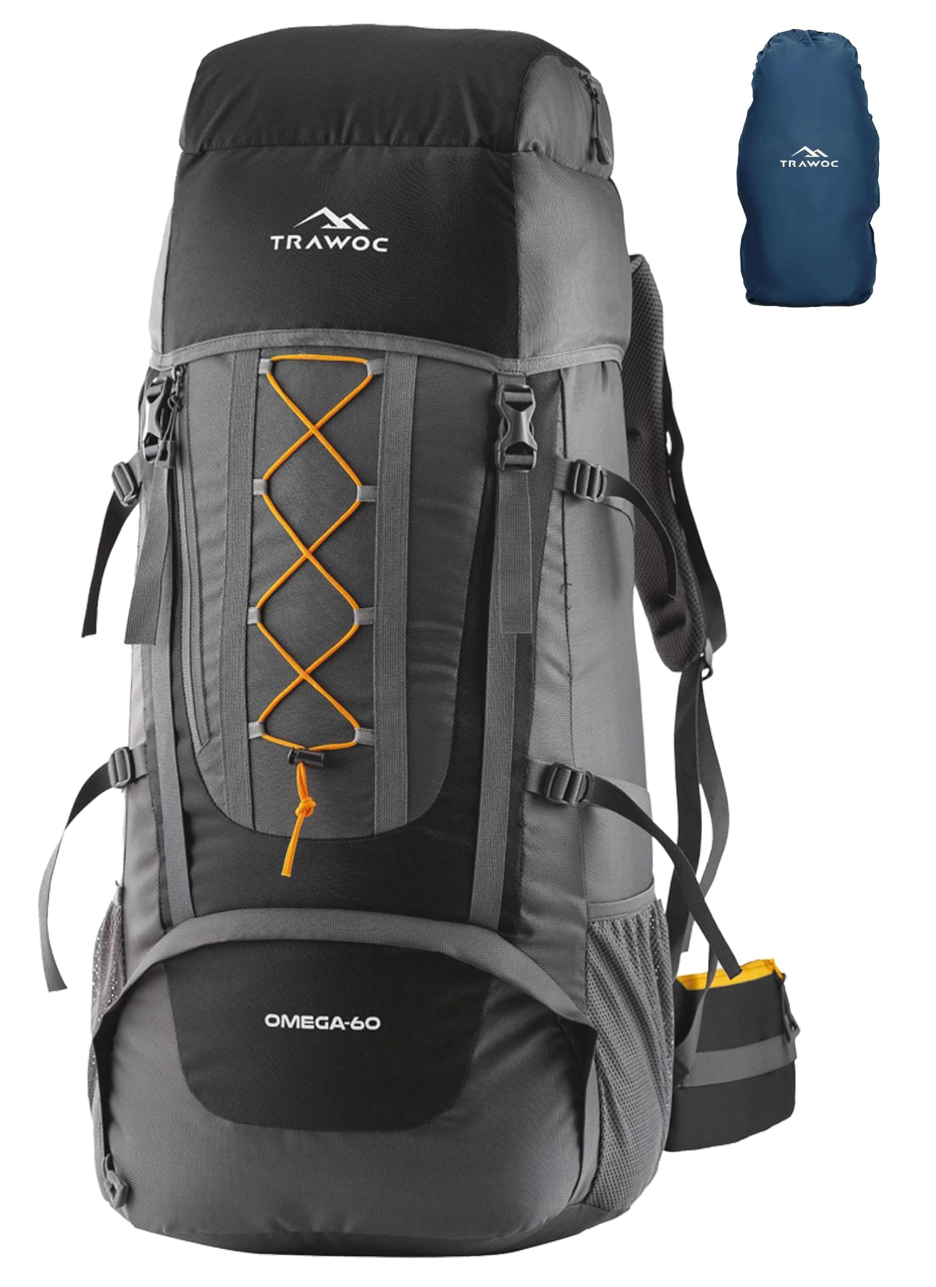 TRAWOC Omega 60L Travel Backpack for Men & Women | Hiking & Trekking Rucksack bag with Rain Cover, Laptop Compartment, Padded Hip Belt, Water-Resistant Fabric | 3 Year Warranty (HK002)-Black