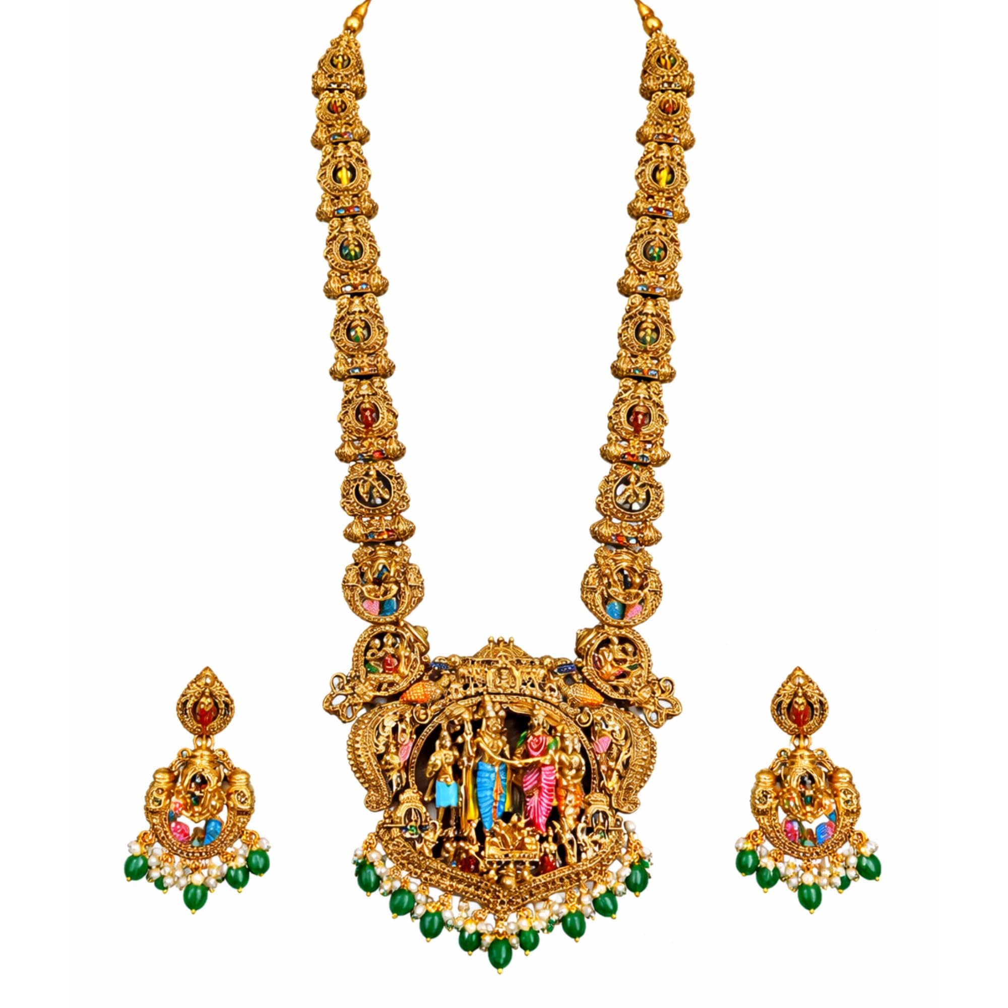 Dvina Glow Premium Sita Ramam Temple Jewellery Long Haram Set for Women | Antique Gold Plated Bridal Necklace with Rama Sita Lakshmi Motifs & Pearl Danglers | Traditional South Indian Wedding Jewellery with Matching Earrings
