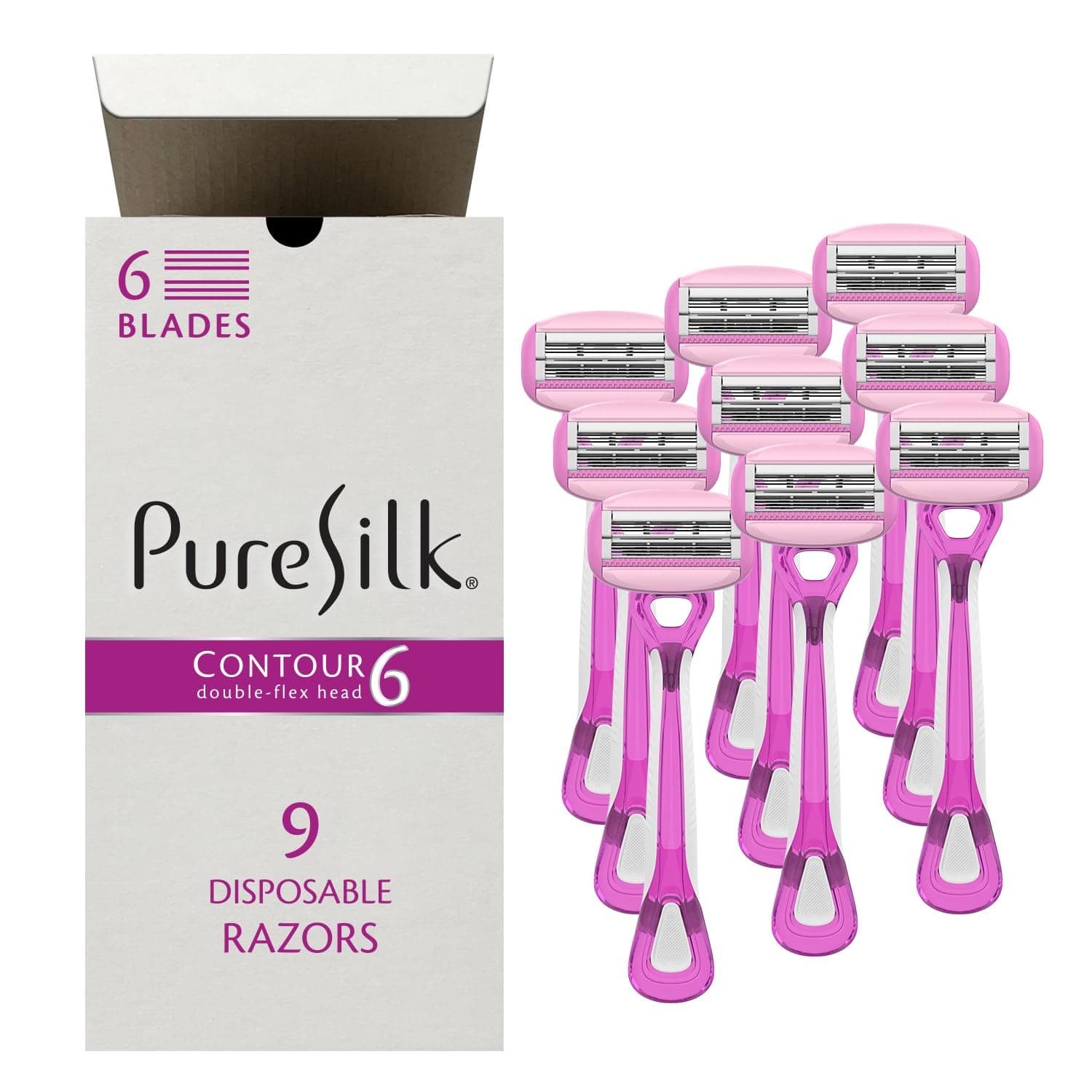 Pure Silk Contour 6 Premium Disposable Razor Value Pack Bundle (3 Packs/9 Total Razors)