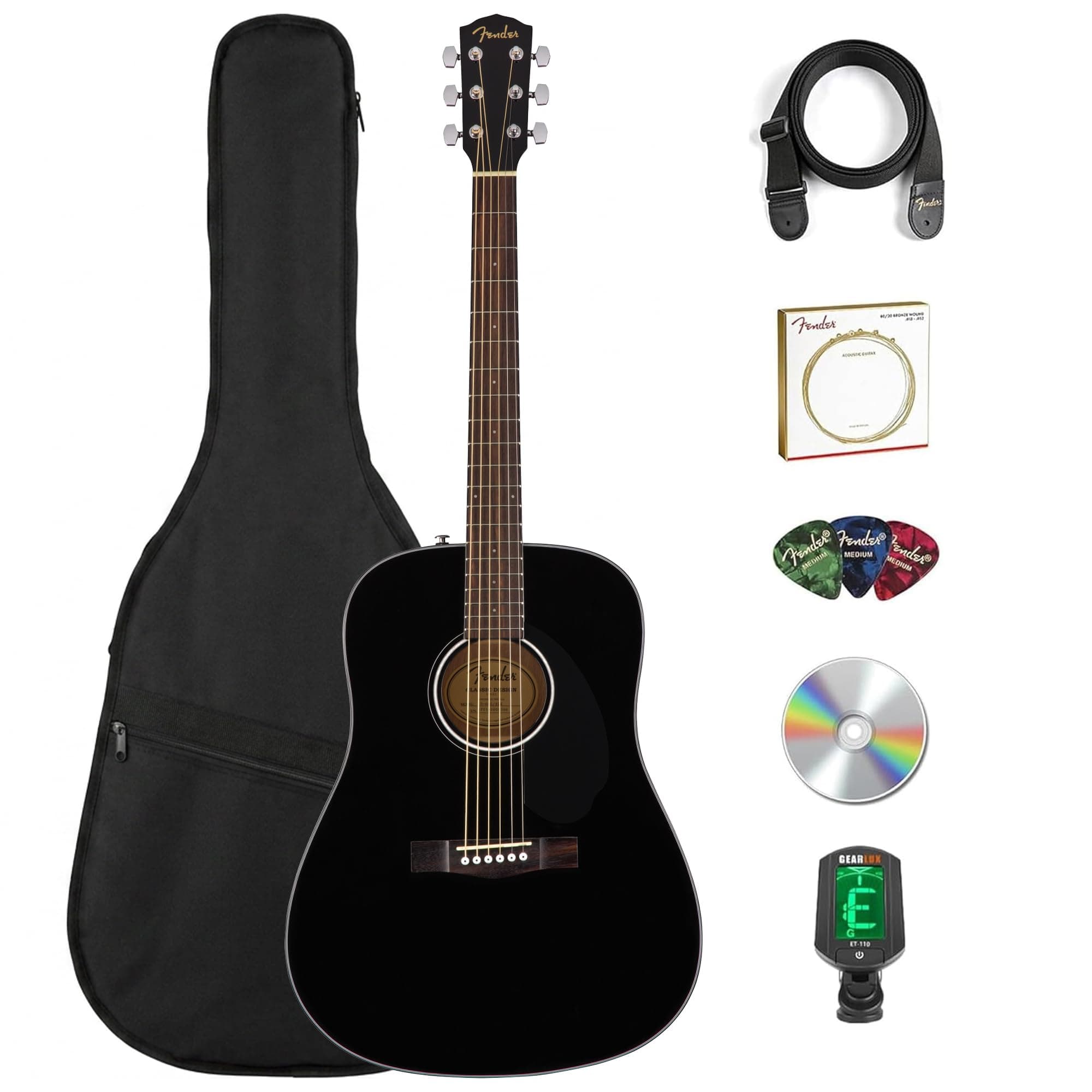 Fender FA-125 Dreadnought Acoustic Guitar - Black Bundle with Gig Bag, Tuner, Strap, Strings, Picks, and Austin Bazaar Instructional DVD