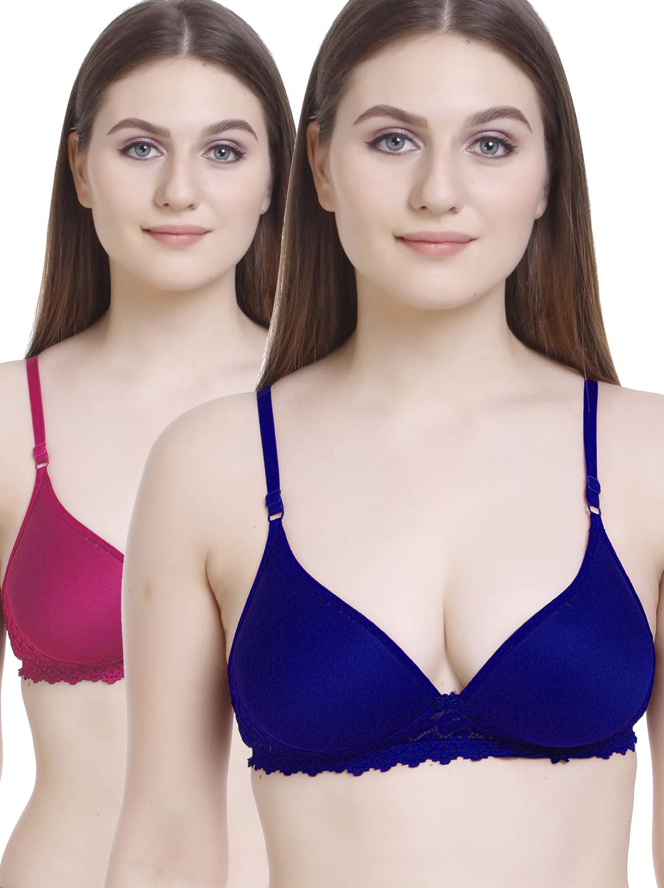 FIMS - Fashion is my style Women Cotton Blend Lace Lightly Padded Bra Seamless Blue Dark Pink Size 30B