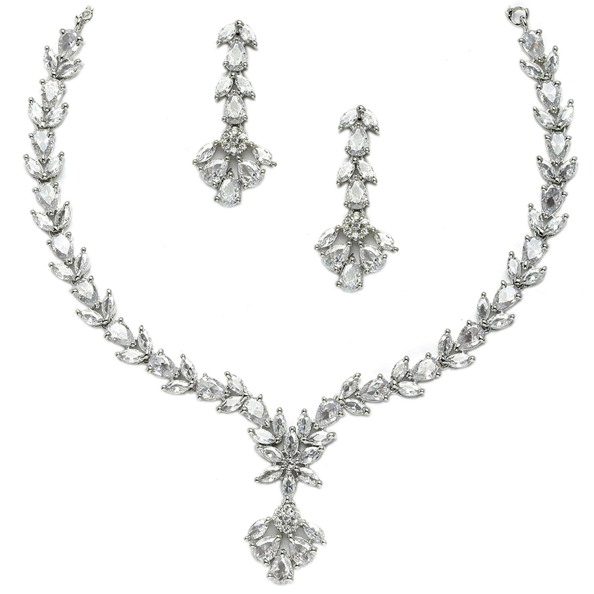 ZENEME Rhodium-Plated White American Diamond Necklace Set with Earrings for Women & Girls White Leaf Vine AD Jewellery Set For Womens