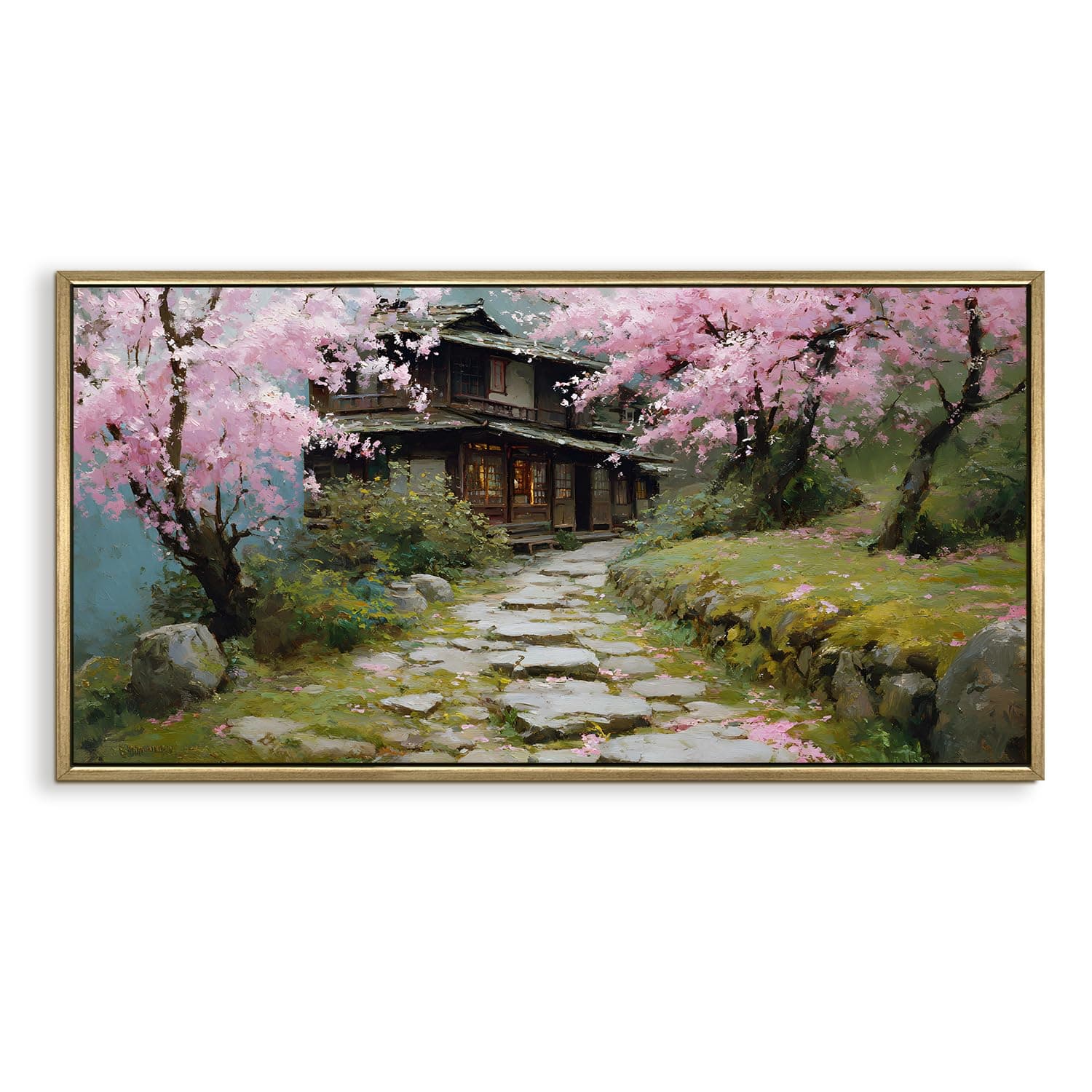 PAPER PLANE DESIGN Japanese Tea House and Blossoms Wall Art - Luxury Golden Framed & Ready to Hang - Large Painting for Living Room, Office Wall Decor – 2 Ft x 4 Ft.