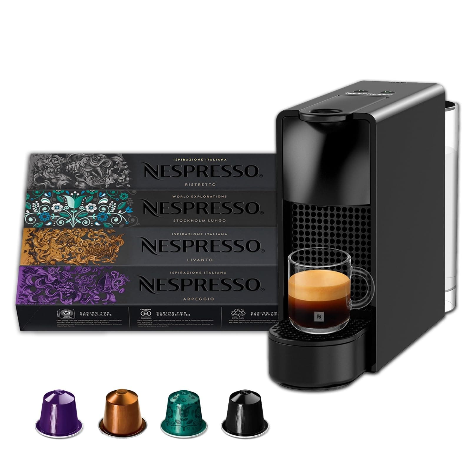 Nespresso Essenza Mini Coffee Machine (Black) with 4 Coffee Sleeves| One-Touch Brewing | 40ml Espresso & 110ml Lungo |Compact Coffee Machine for Home | 2 Years Warranty | Authorized Distributor